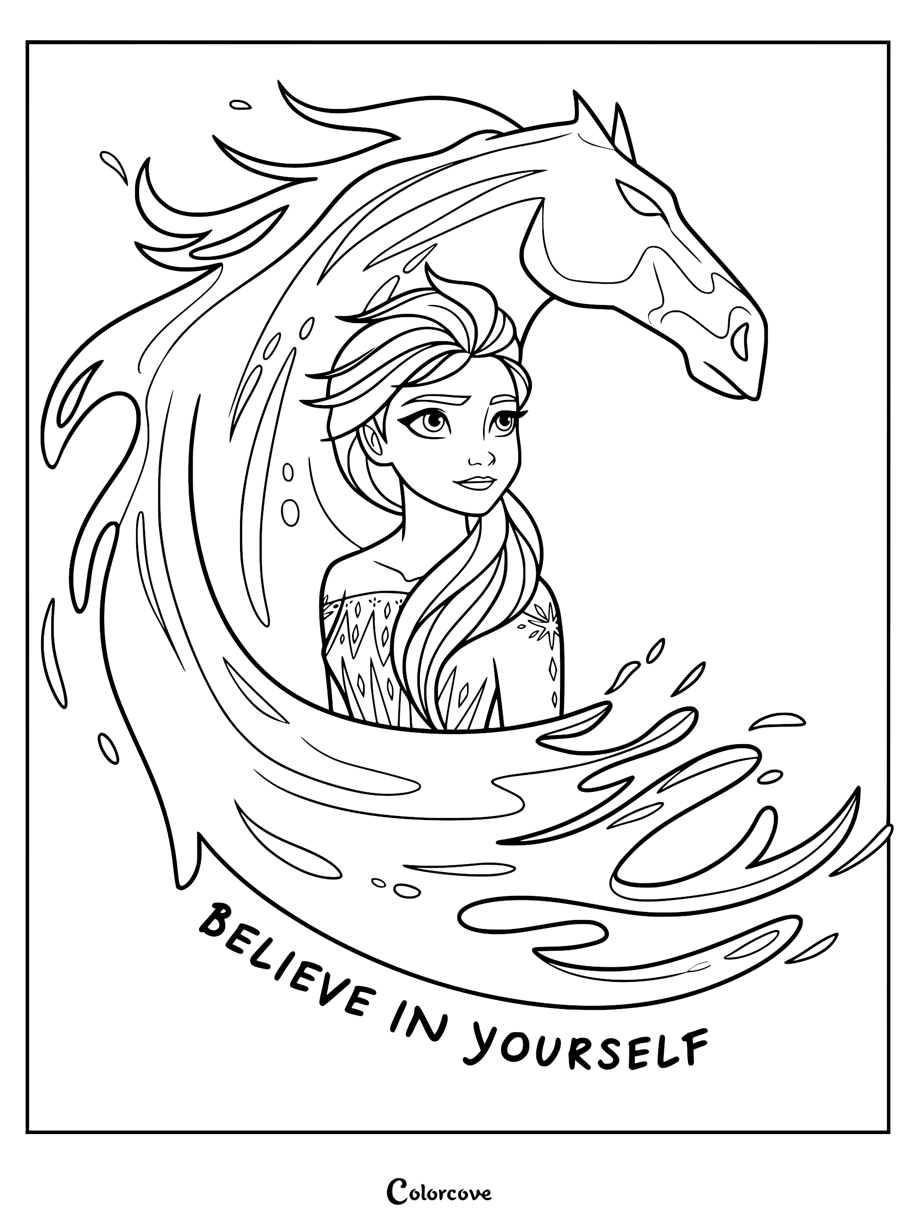 Elsa and the Nokk water spirit from Disney's Frozen 2 in a printable coloring page with the text Believe in Yourself.