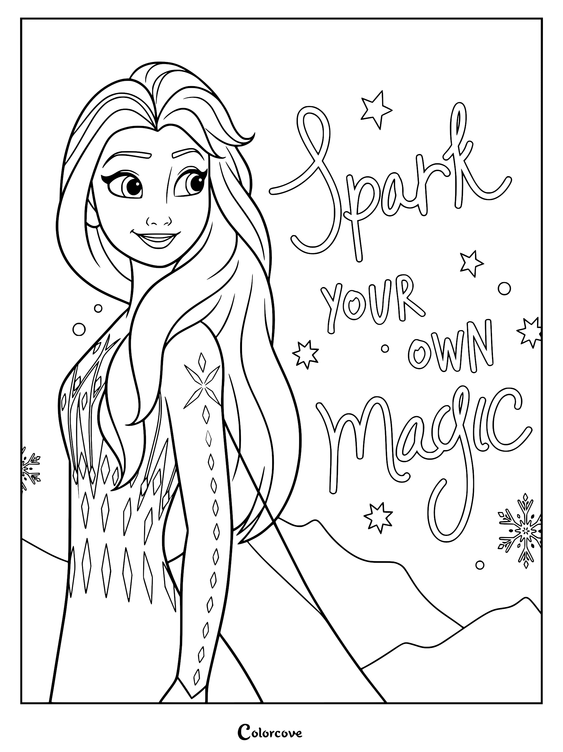 Elsa from Frozen with long flowing hair and ice-themed dress on a coloring page with the text Spark Your Own Magic surrounded by stars and snowflakes.