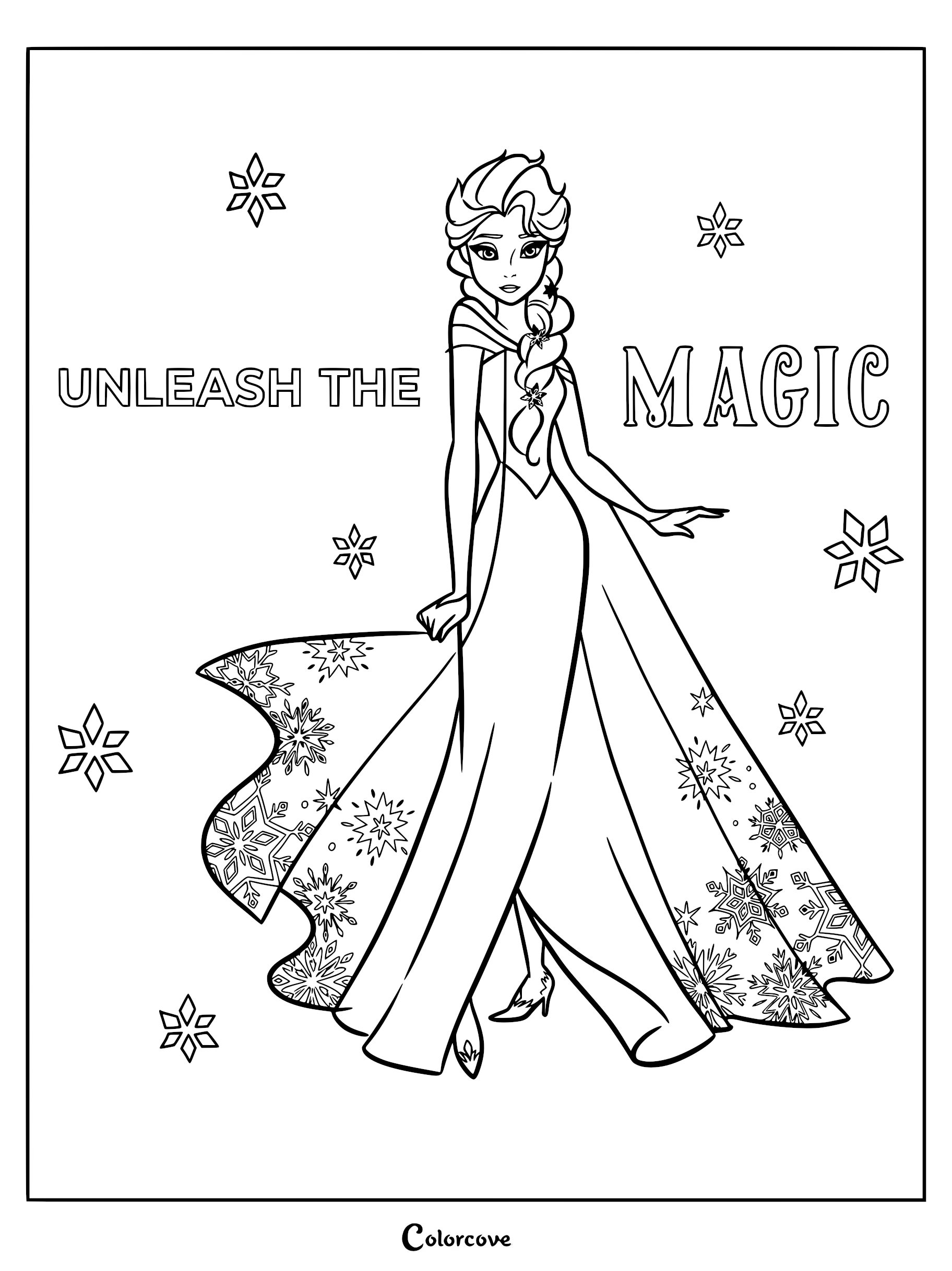 Elsa from Frozen wearing her signature ice gown with snowflake patterns on a printable coloring page featuring the text Unleash the Magic.