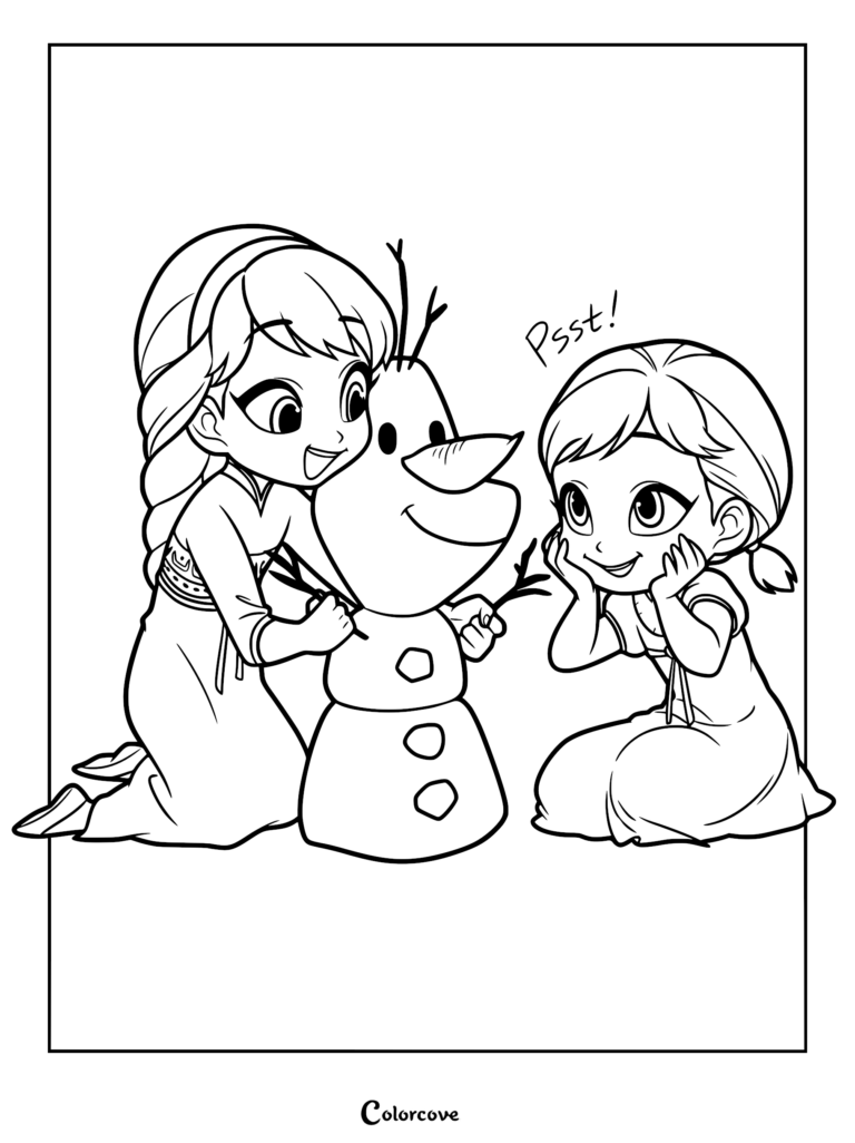 Anna and Elsa building a snowman together in this printable coloring page featuring the two sisters.