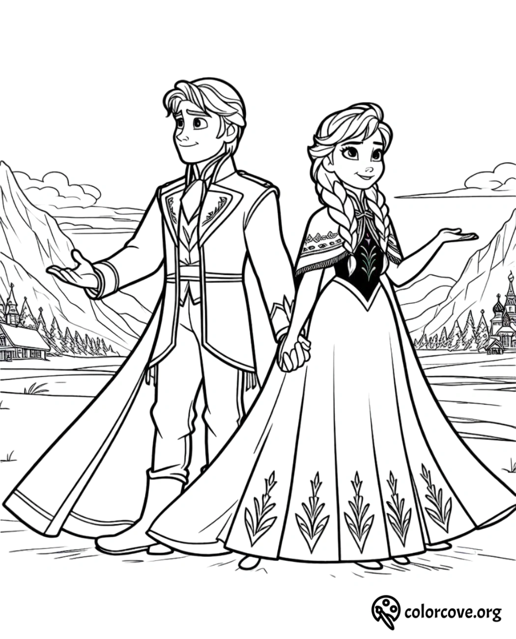 Princess and prince holding hands coloring page, mountain landscape in background, printable activity for kids – colorcove.org.