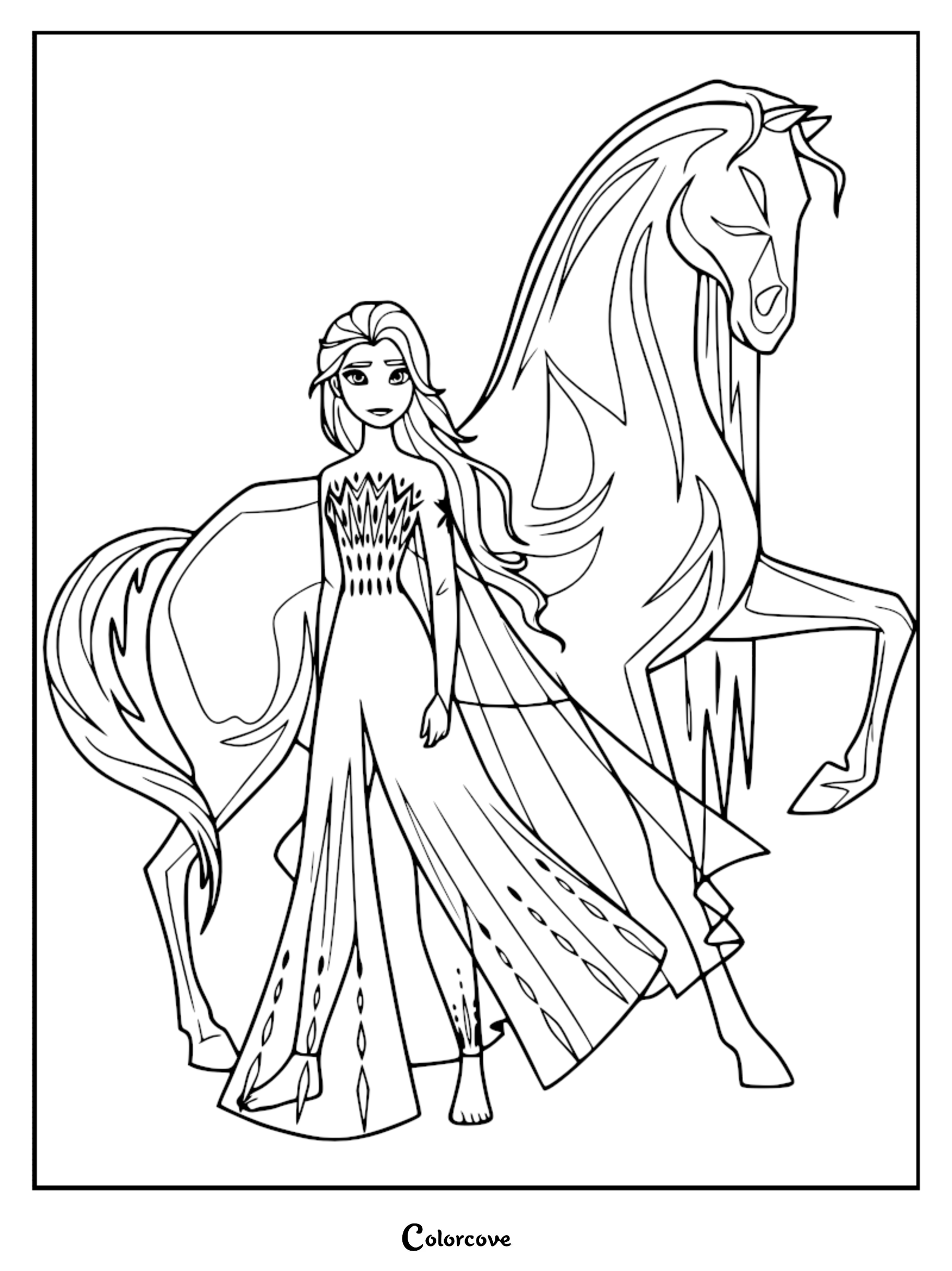 Elsa from Disney's Frozen 2 standing alongside the majestic water spirit, the Nokk, in this printable coloring page.