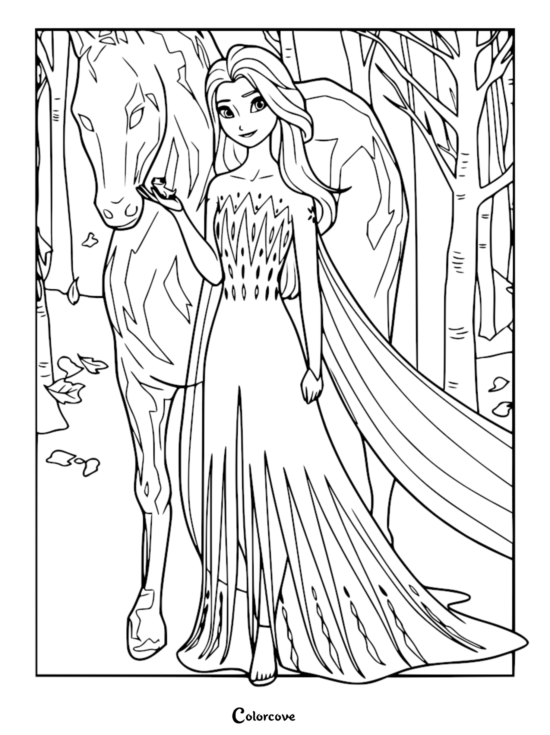 Elsa from Frozen 2 in her white fifth spirit dress standing alongside the Nokk in a forest scene coloring page.