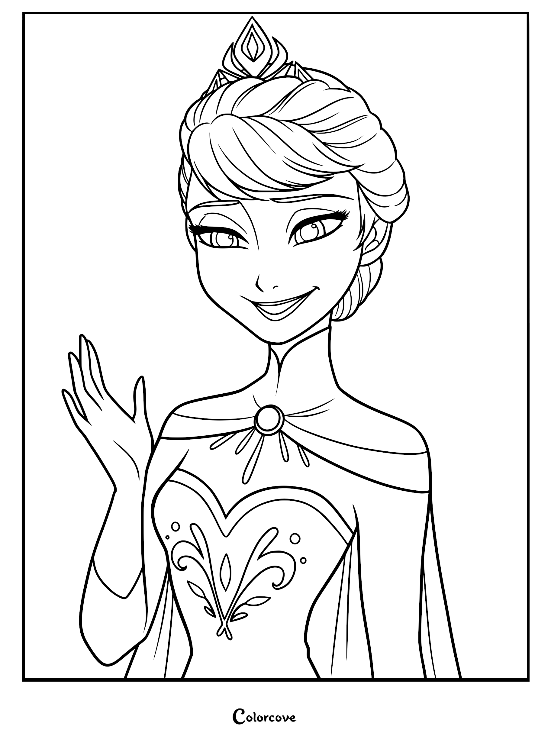 Elsa from Frozen wearing her iconic emerald green and black coronation dress in a detailed printable coloring page.