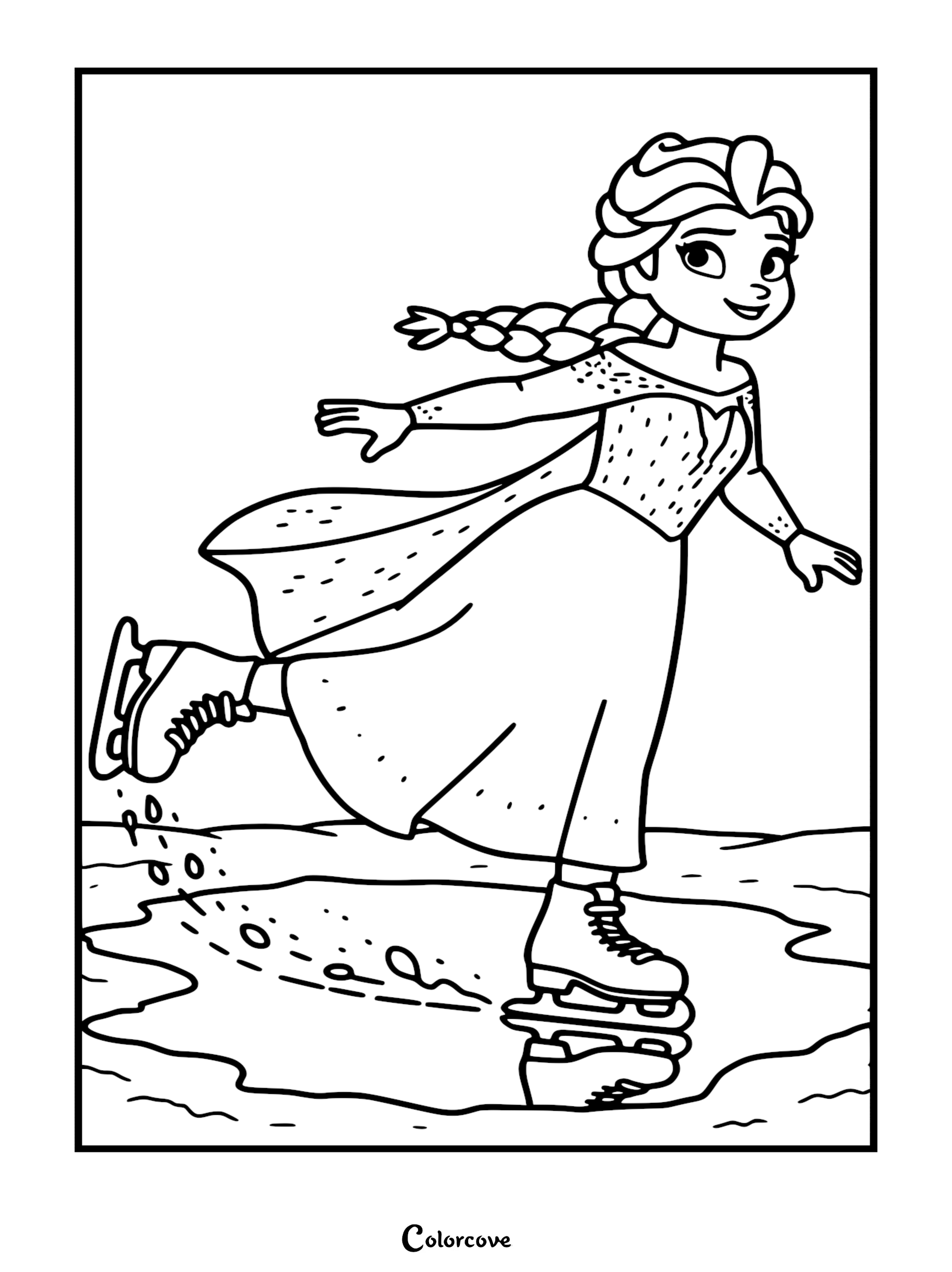 Elsa from Frozen ice skating in her signature dress, a printable coloring page featuring her braided hair and skates.