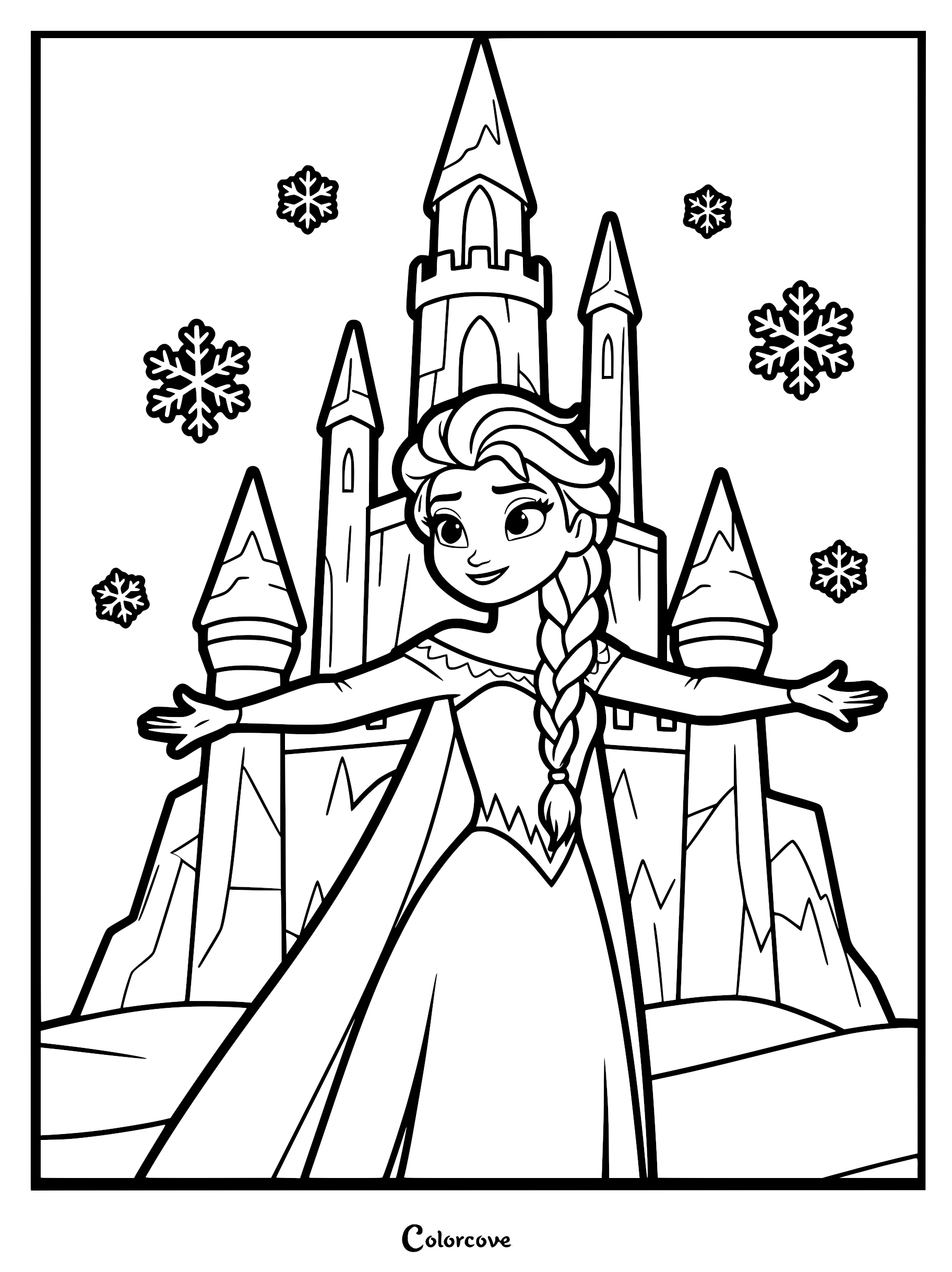 Elsa standing with arms outstretched in front of her ice castle with snowflakes falling in this printable coloring page.