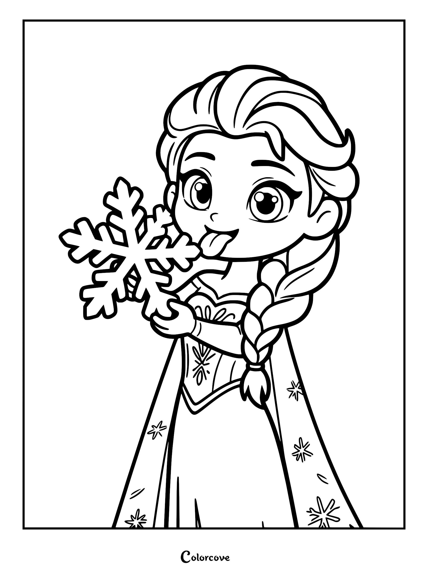 A cute chibi Elsa from Frozen holding a large snowflake and sticking her tongue out in this printable coloring page.
