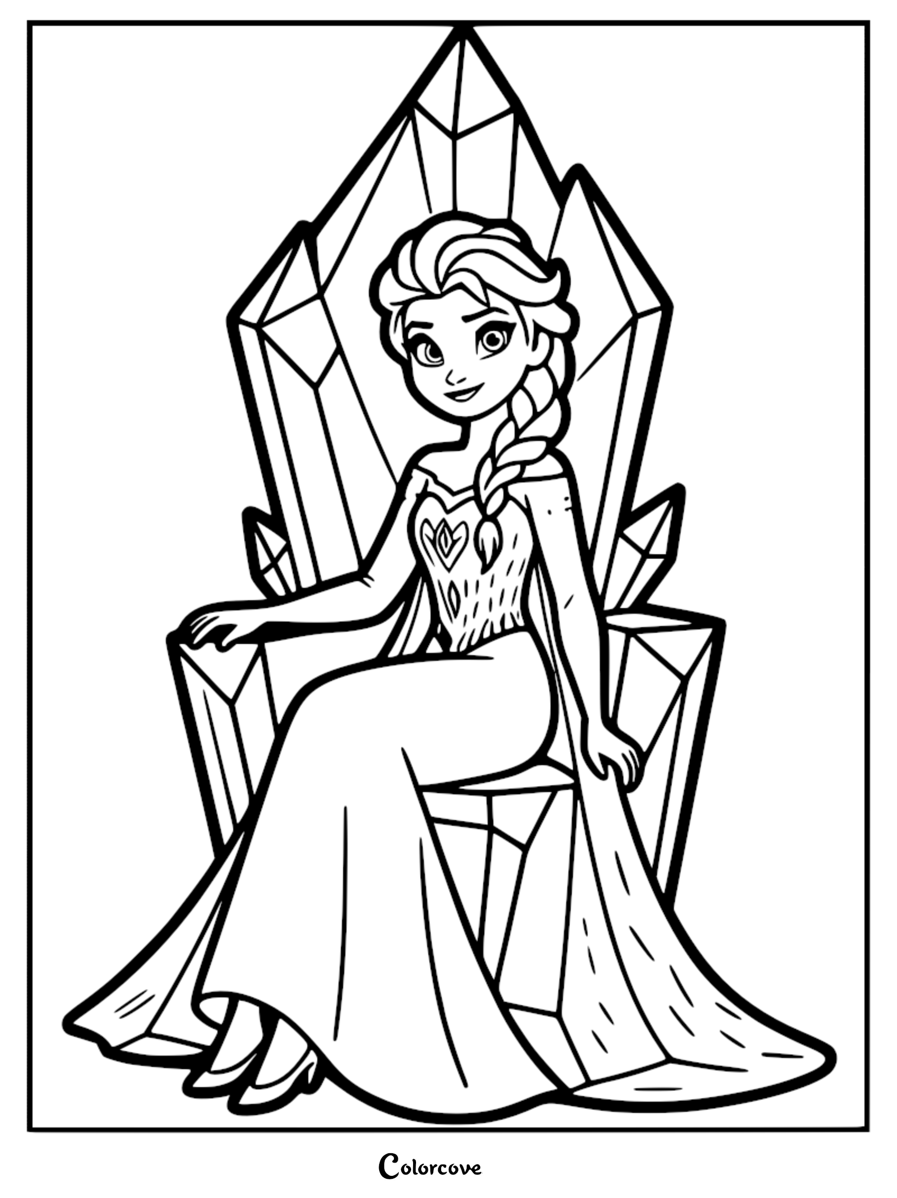 Elsa from Frozen sitting on a crystalline ice throne in this printable coloring page.