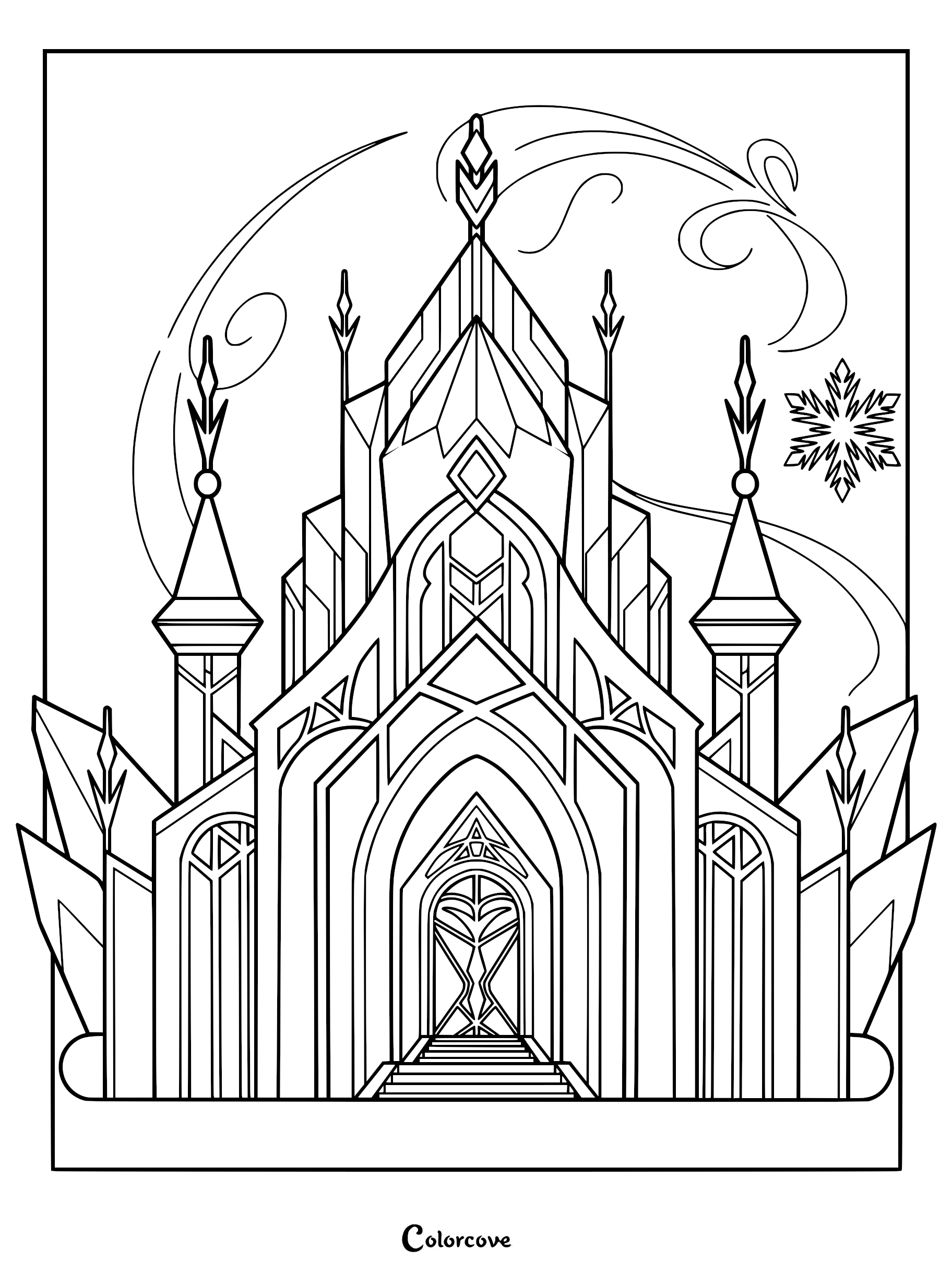 Elsa's Ice Palace with sharp crystalline spires and a large snowflake in the background on a printable coloring page.