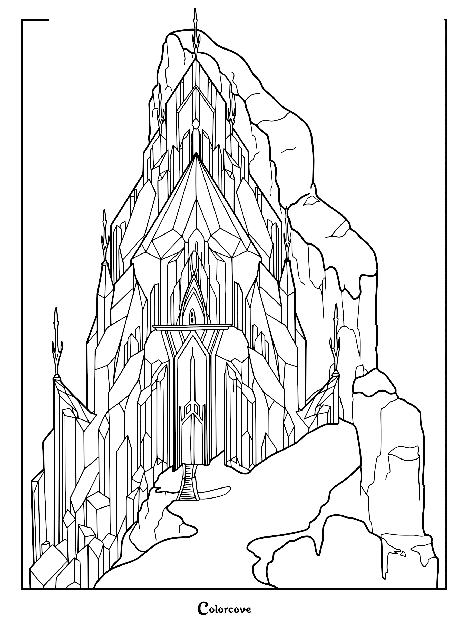 Intricate line art coloring page of Elsa's majestic ice palace perched on a jagged mountain peak with crystalline spires and a grand arched entrance.