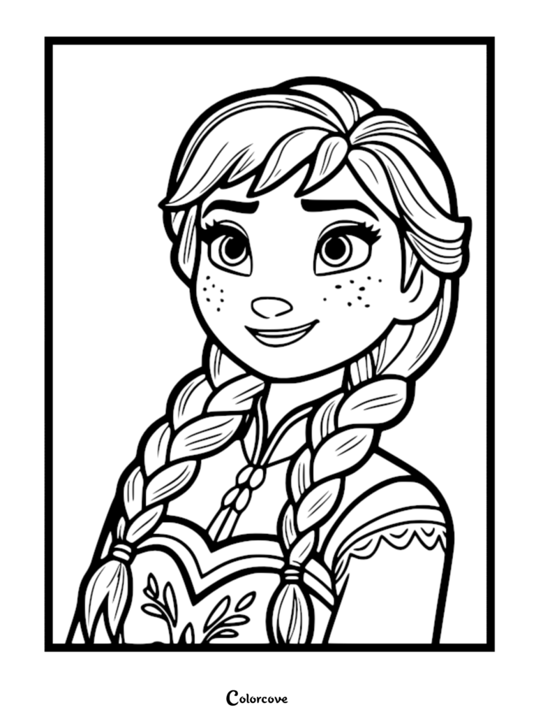 Close-up portrait of Anna from Frozen with her signature braided hair and freckles in a printable coloring page format.