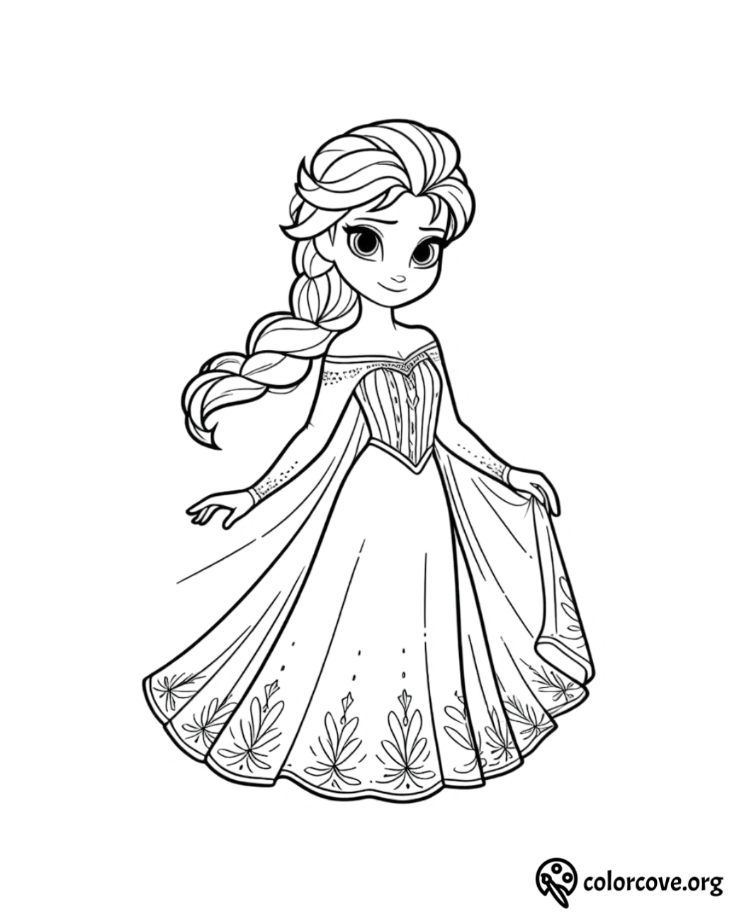 Princess coloring page featuring a young girl in an elegant dress. Perfect for kids to color and enjoy creativity.