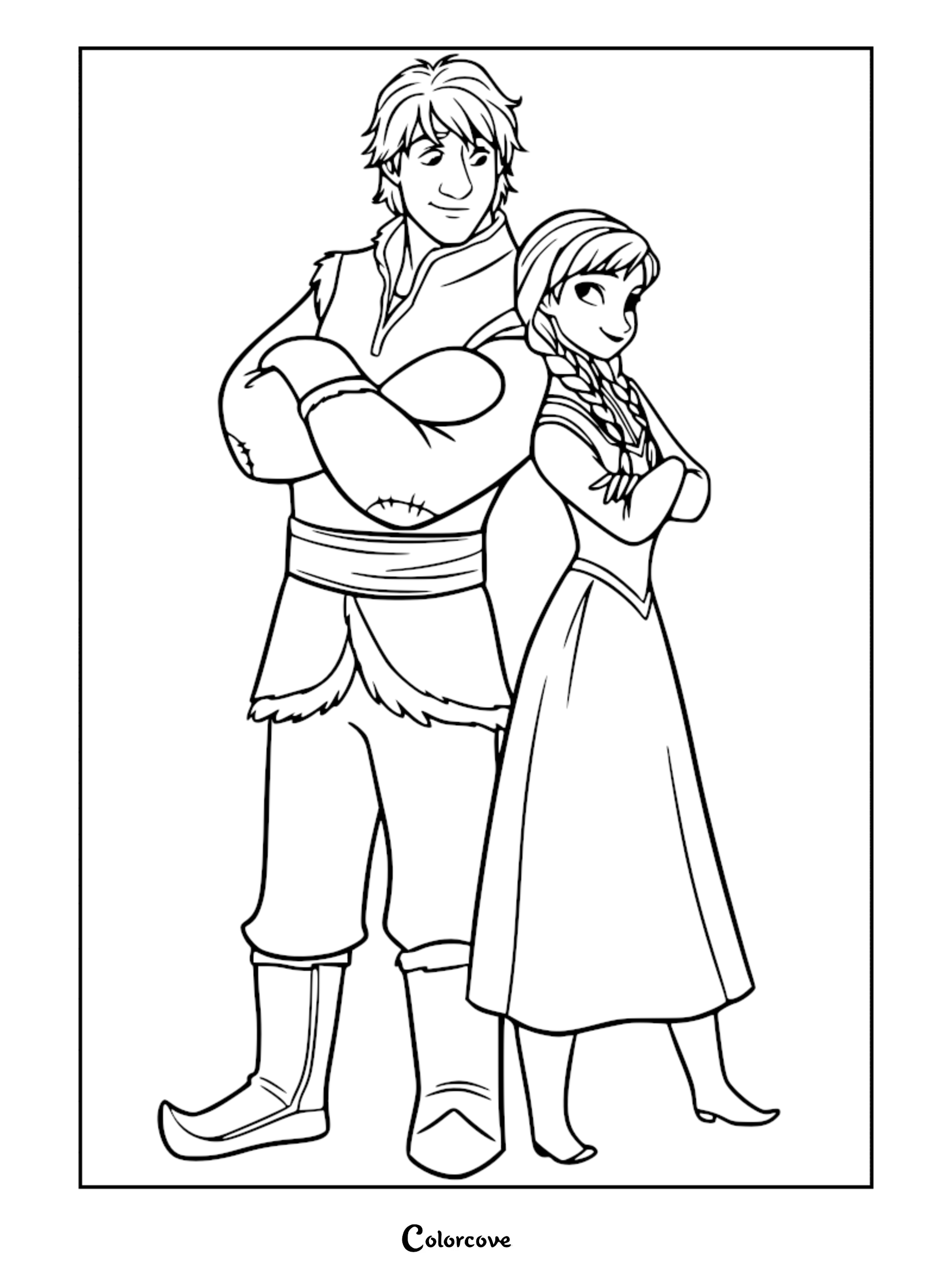 Kristoff and Anna standing back to back in this Frozen coloring page