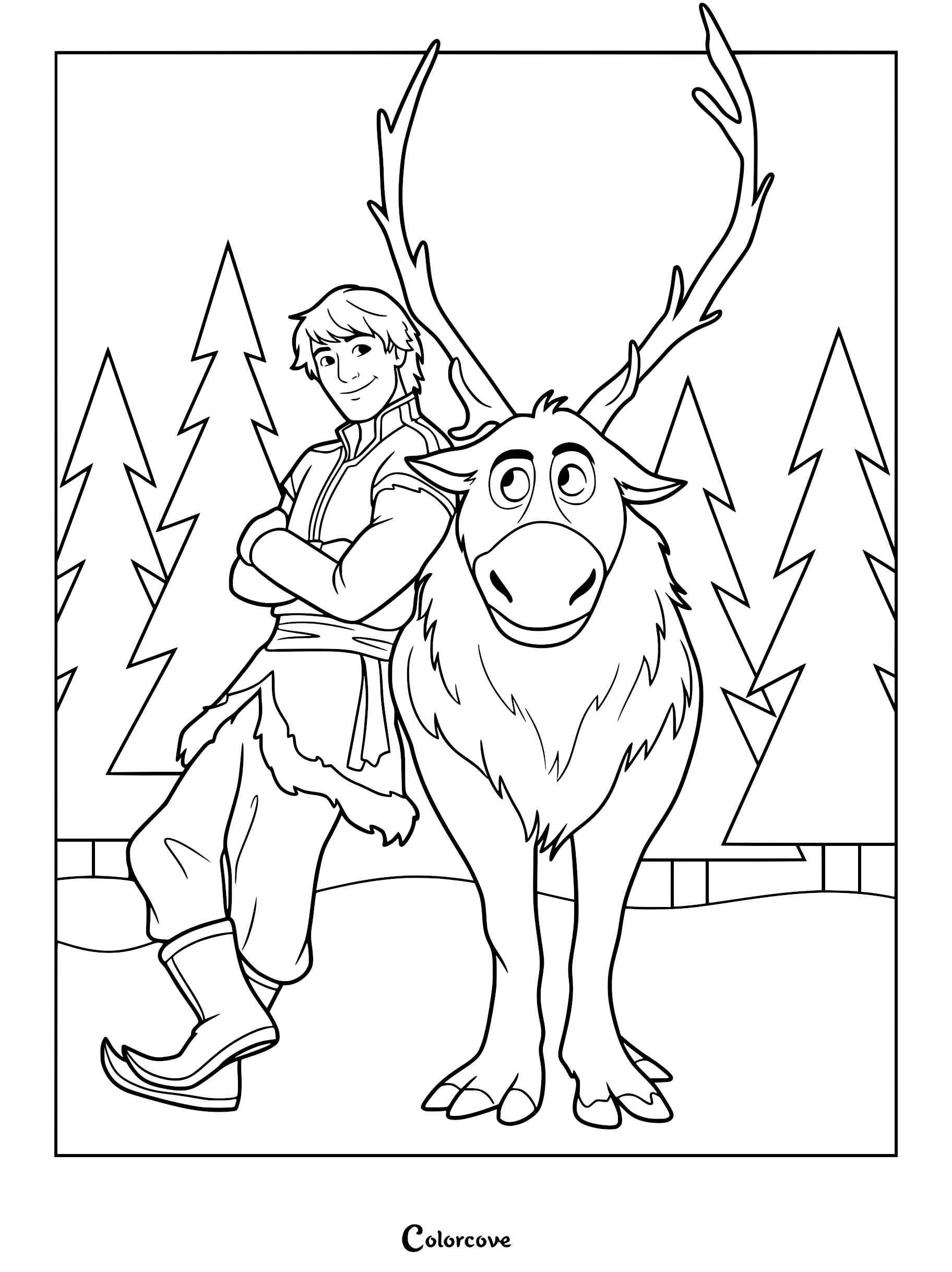Kristoff leaning against his loyal reindeer Sven in a snowy forest setting, printable coloring page.