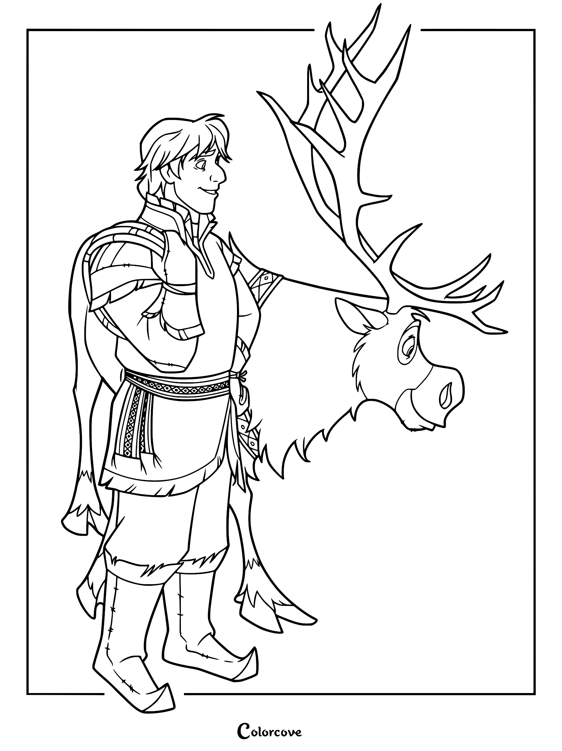Kristoff standing next to his loyal reindeer Sven in this printable Frozen coloring page.