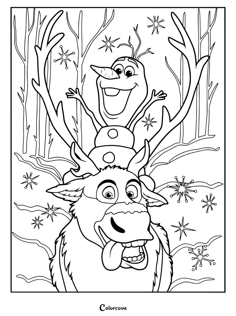 Olaf sitting on Sven's head in a snowy forest, printable coloring page featuring Frozen characters.