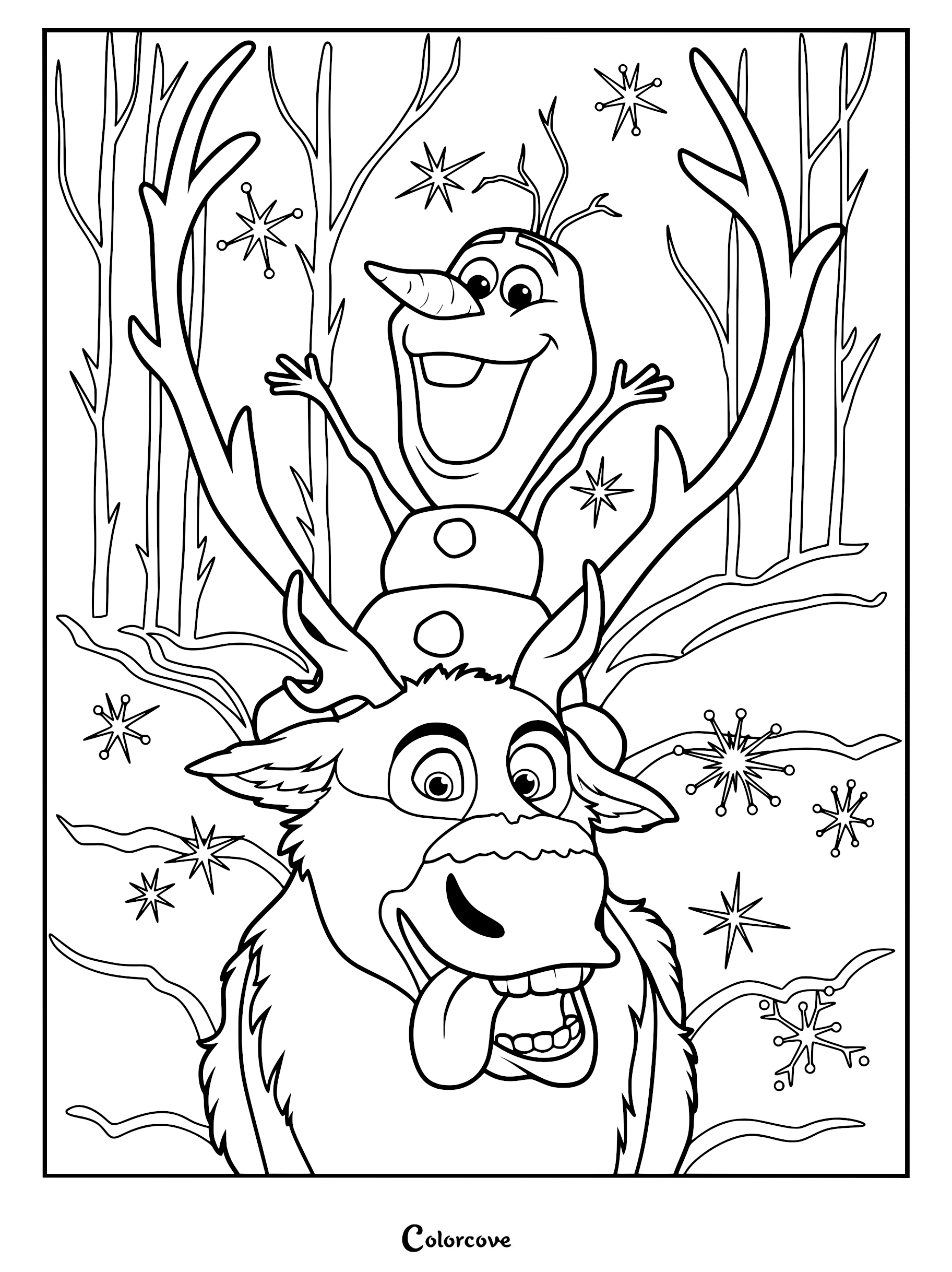 Olaf sitting on Sven's head in a snowy forest, printable coloring page featuring Frozen characters.