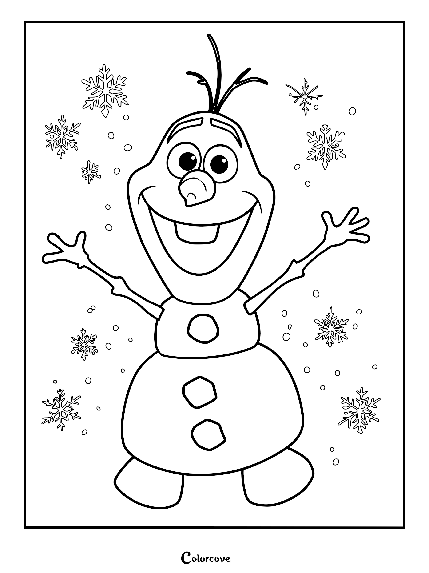 Olaf from Frozen with arms raised surrounded by falling snowflakes in a printable coloring page.