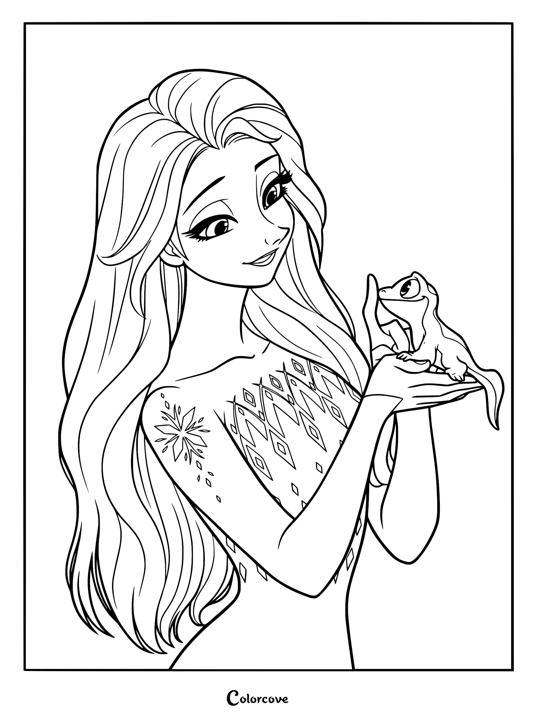 Elsa from Frozen 2 wearing her white dress holding Bruni the fire spirit in this printable coloring page.