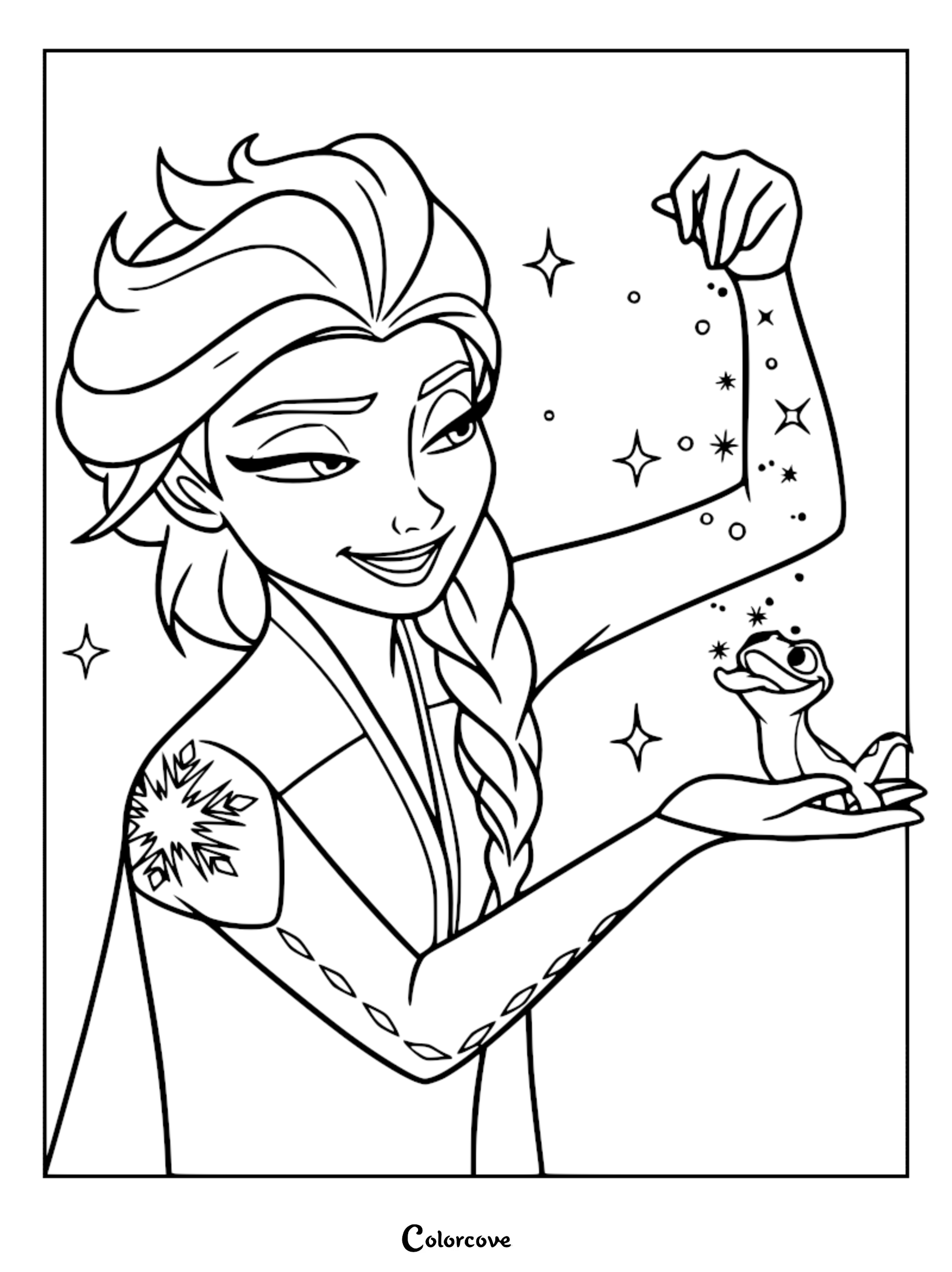 Elsa from Frozen 2 interacting with the fire spirit Bruni in this printable coloring page featuring magical sparkles.