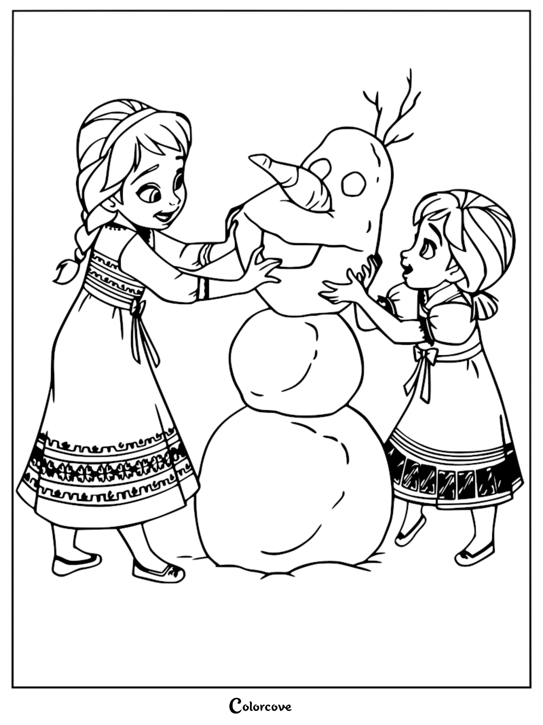 Young Elsa and Anna build a snowman together in this printable coloring page featuring the sisters in their traditional dresses.