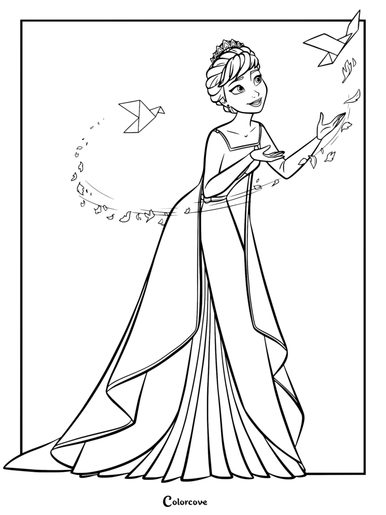 Anna wearing a royal gown and tiara interacting with flying origami birds in this printable coloring page.