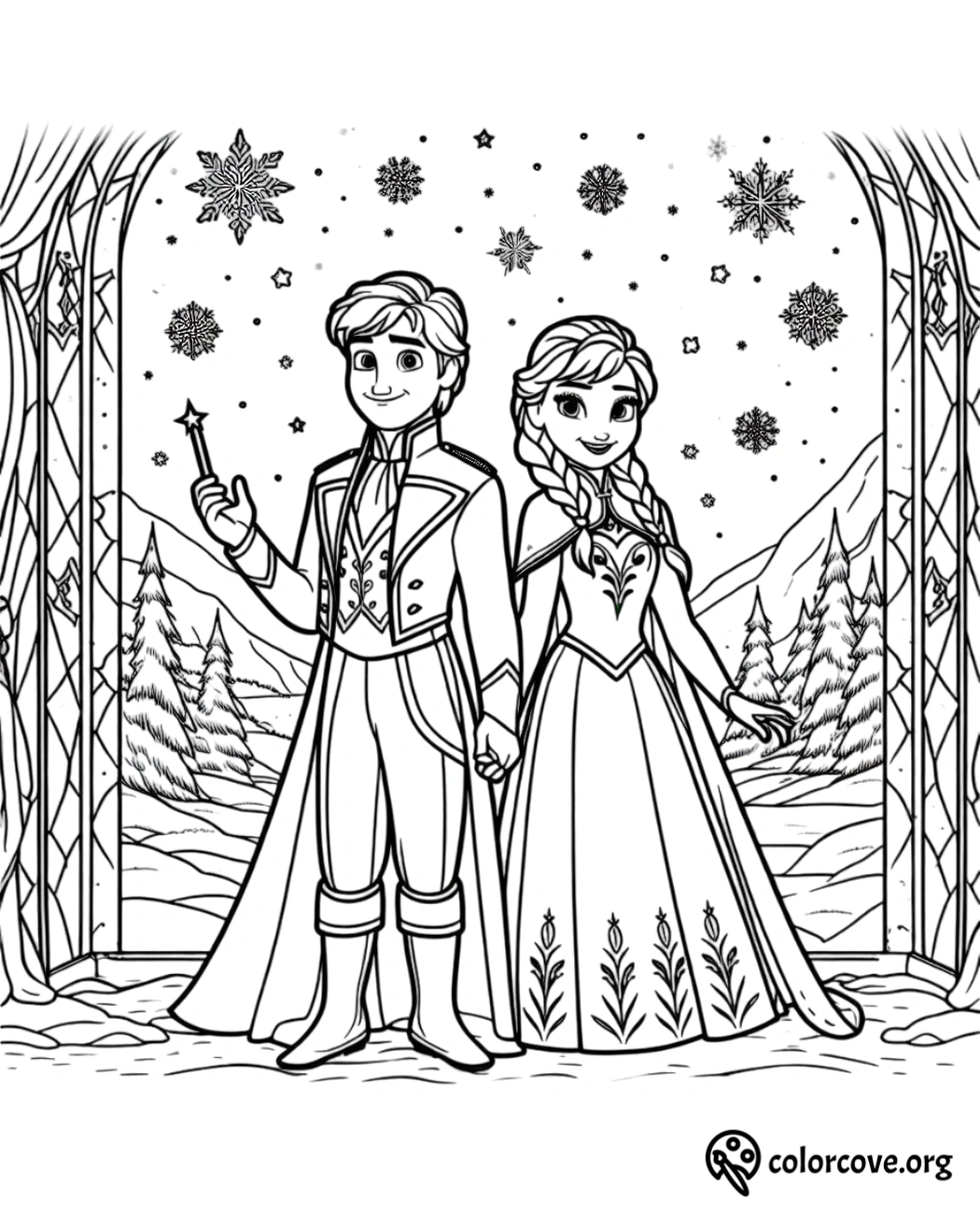 Prince and princess holding hands in a winter wonderland coloring page, with snowflakes and mountains in the background.