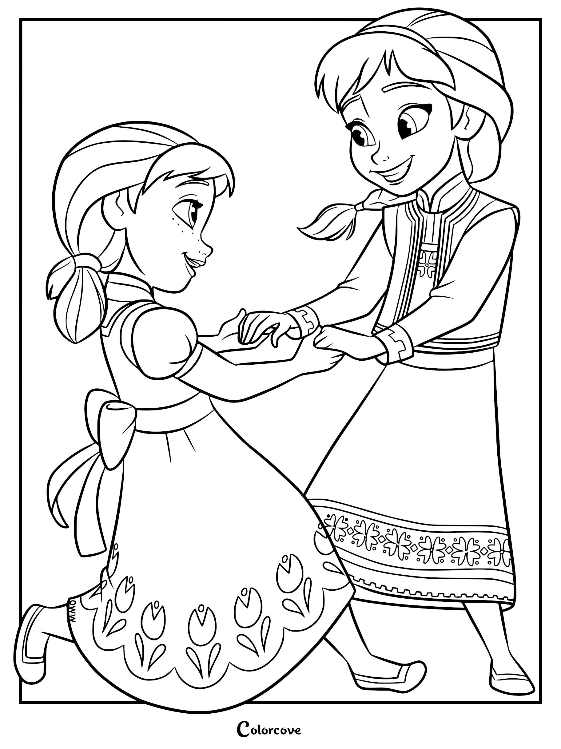 Young Elsa and Anna holding hands and dancing in a printable coloring page.