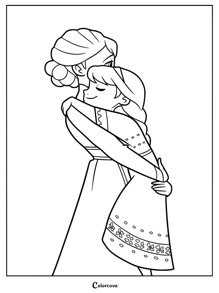 A printable coloring page featuring young Elsa sharing a warm, loving hug with her mother, Queen Iduna.