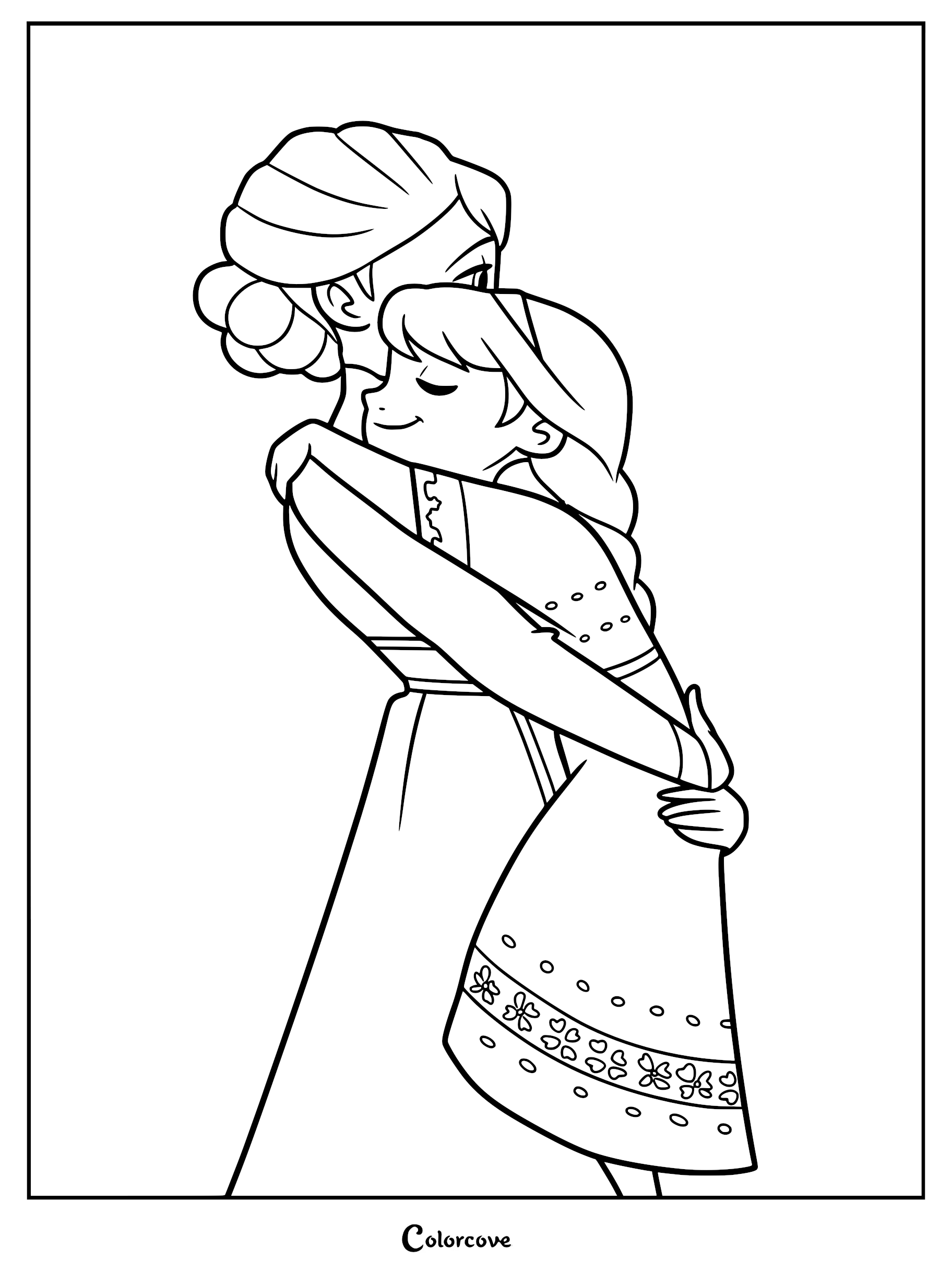 A printable coloring page featuring young Elsa sharing a warm, loving hug with her mother, Queen Iduna.