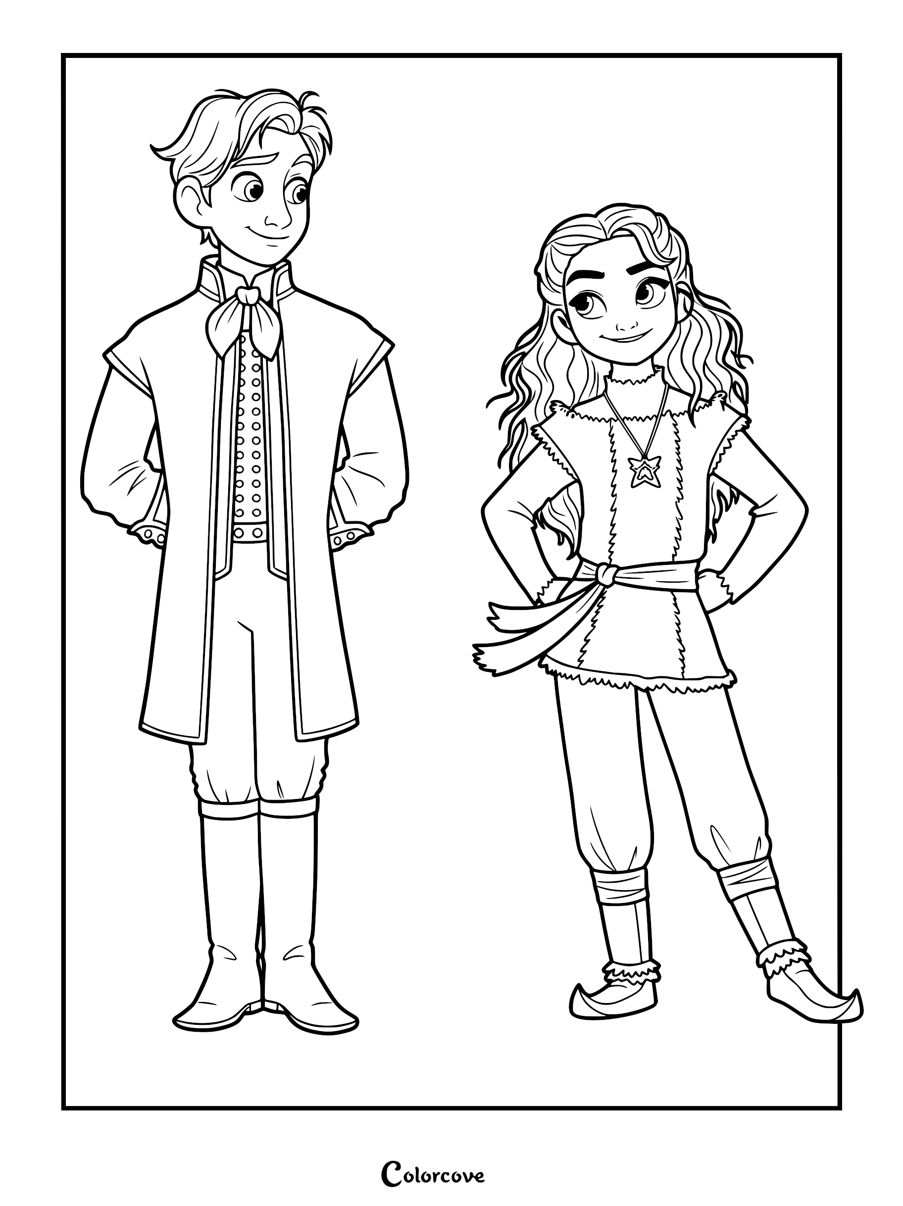 Young Iduna and Agnarr from Frozen standing side by side in a printable coloring page line art illustration.