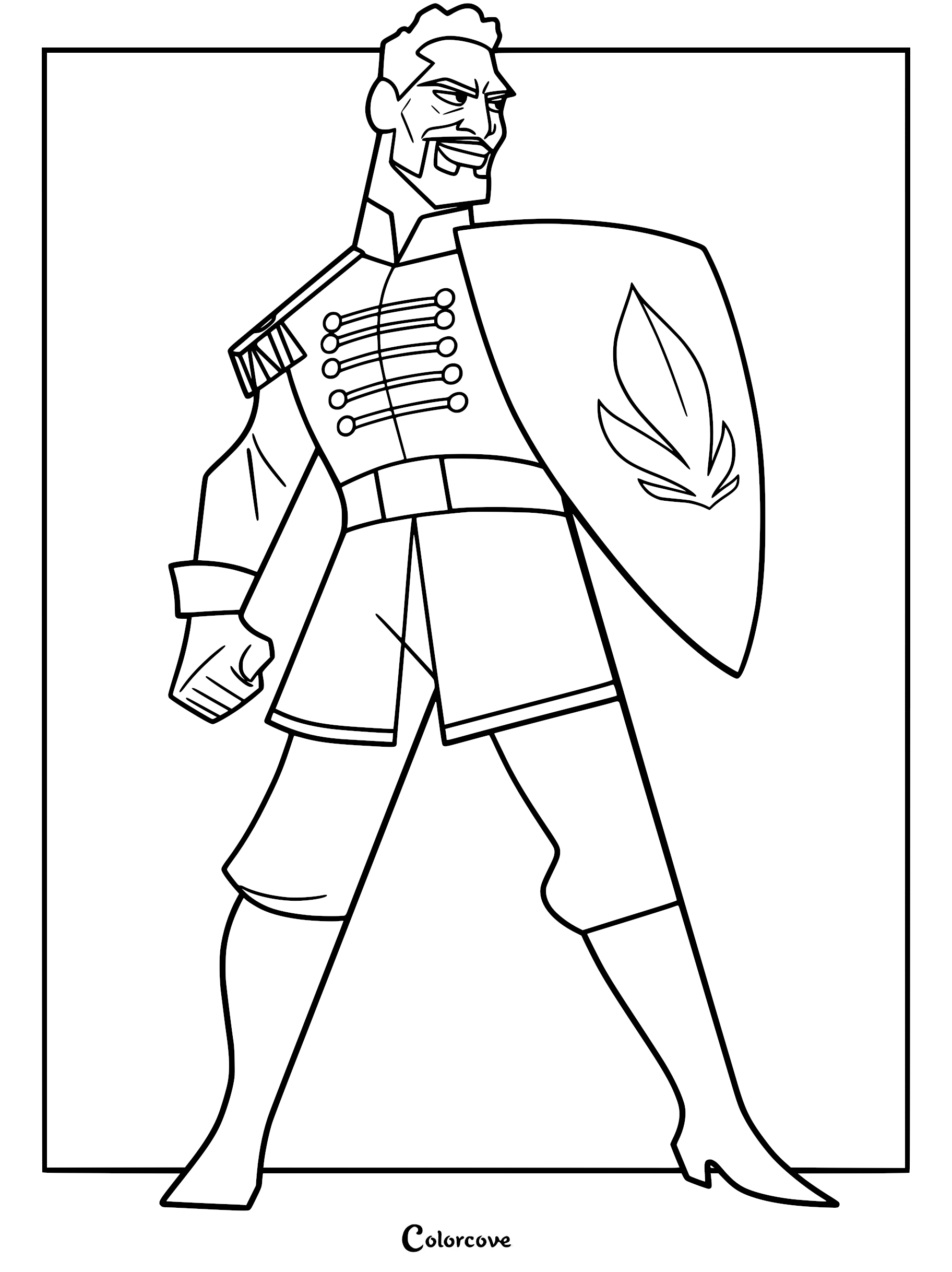 Lieutenant Mattias standing tall in his Arendellian military uniform holding a shield with a leaf emblem on this printable coloring page.