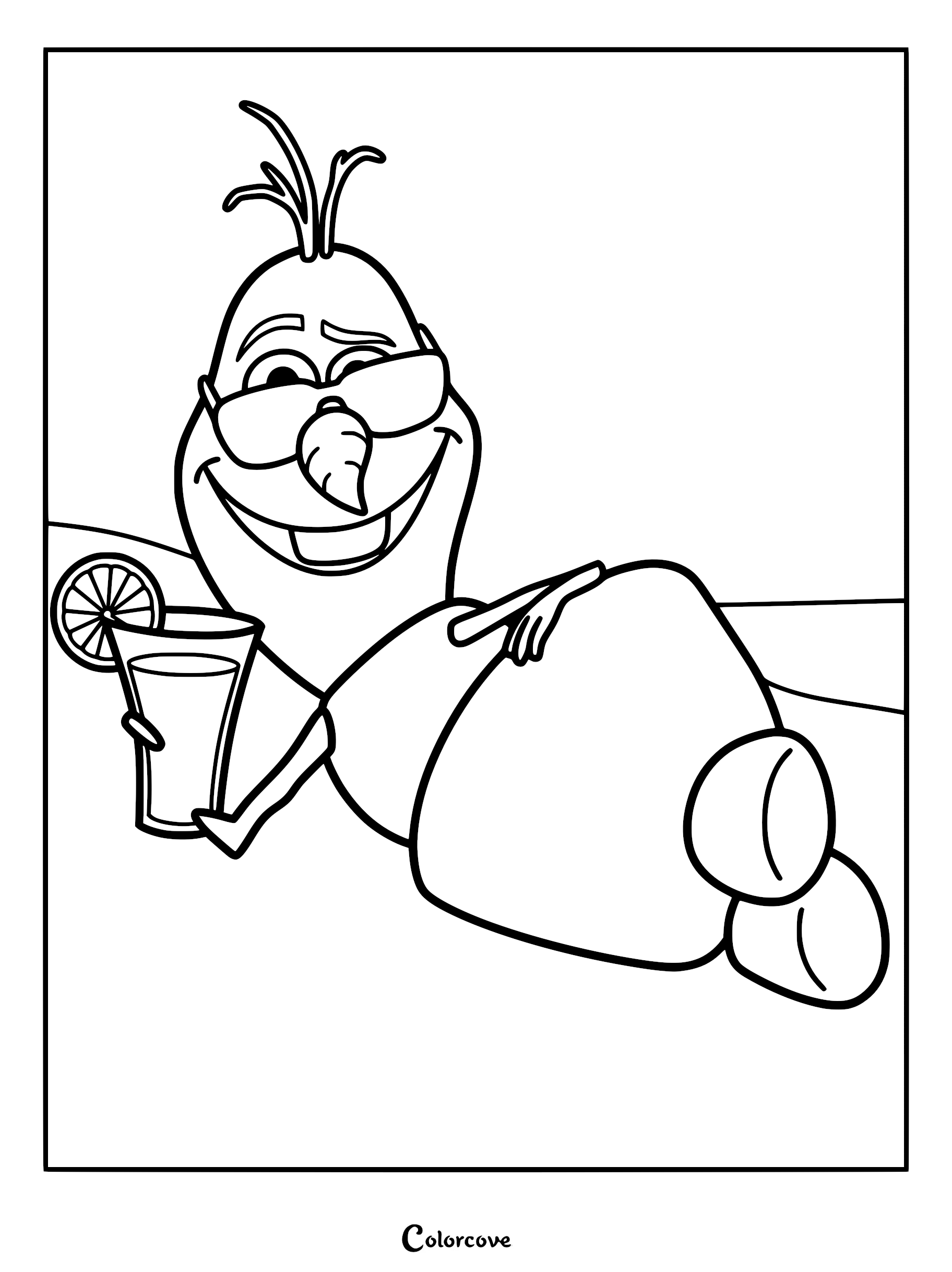 Olaf wearing sunglasses and relaxing on the beach with a drink in this printable coloring page.
