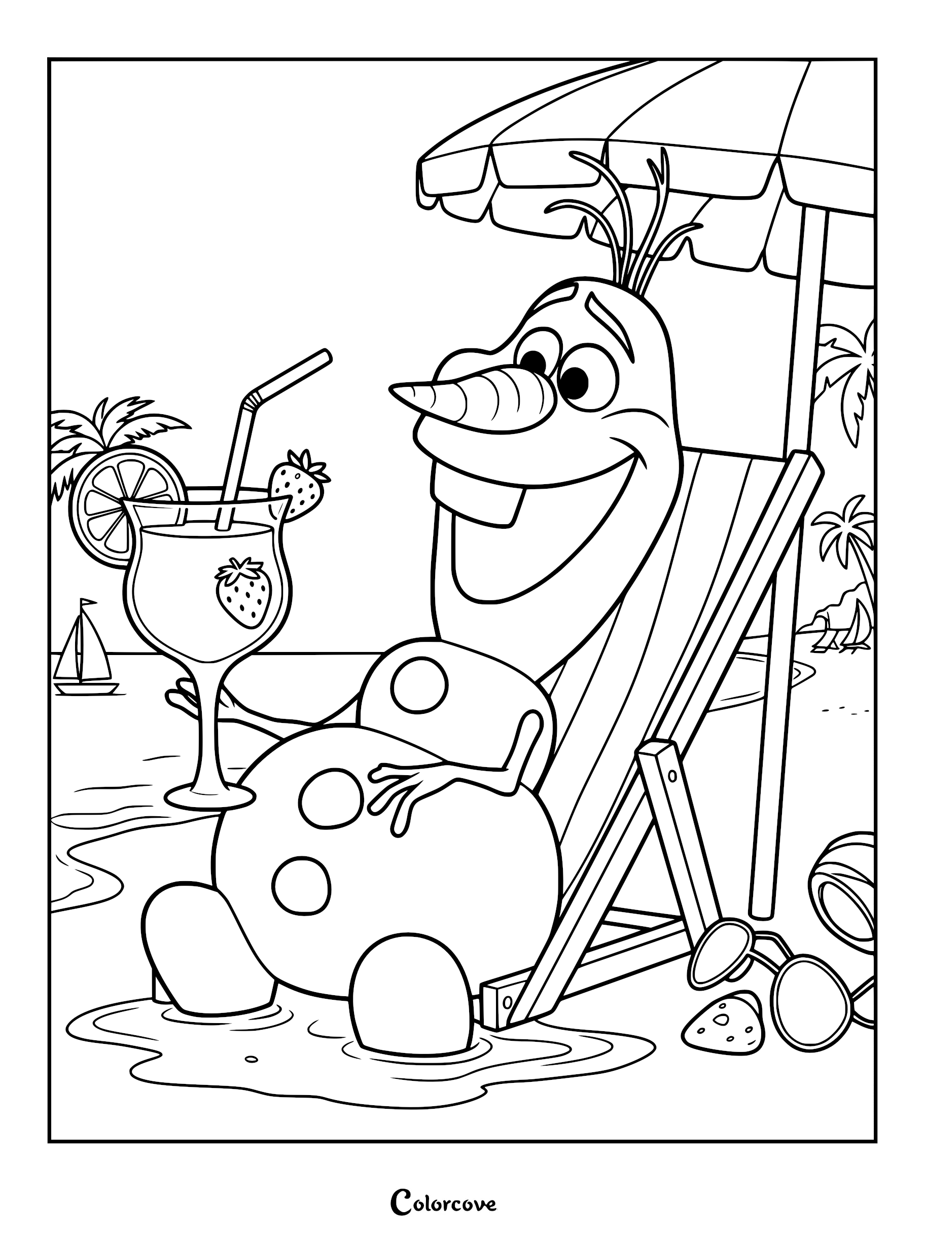 Olaf relaxing in a beach chair under an umbrella with a fruity drink, printable coloring page.