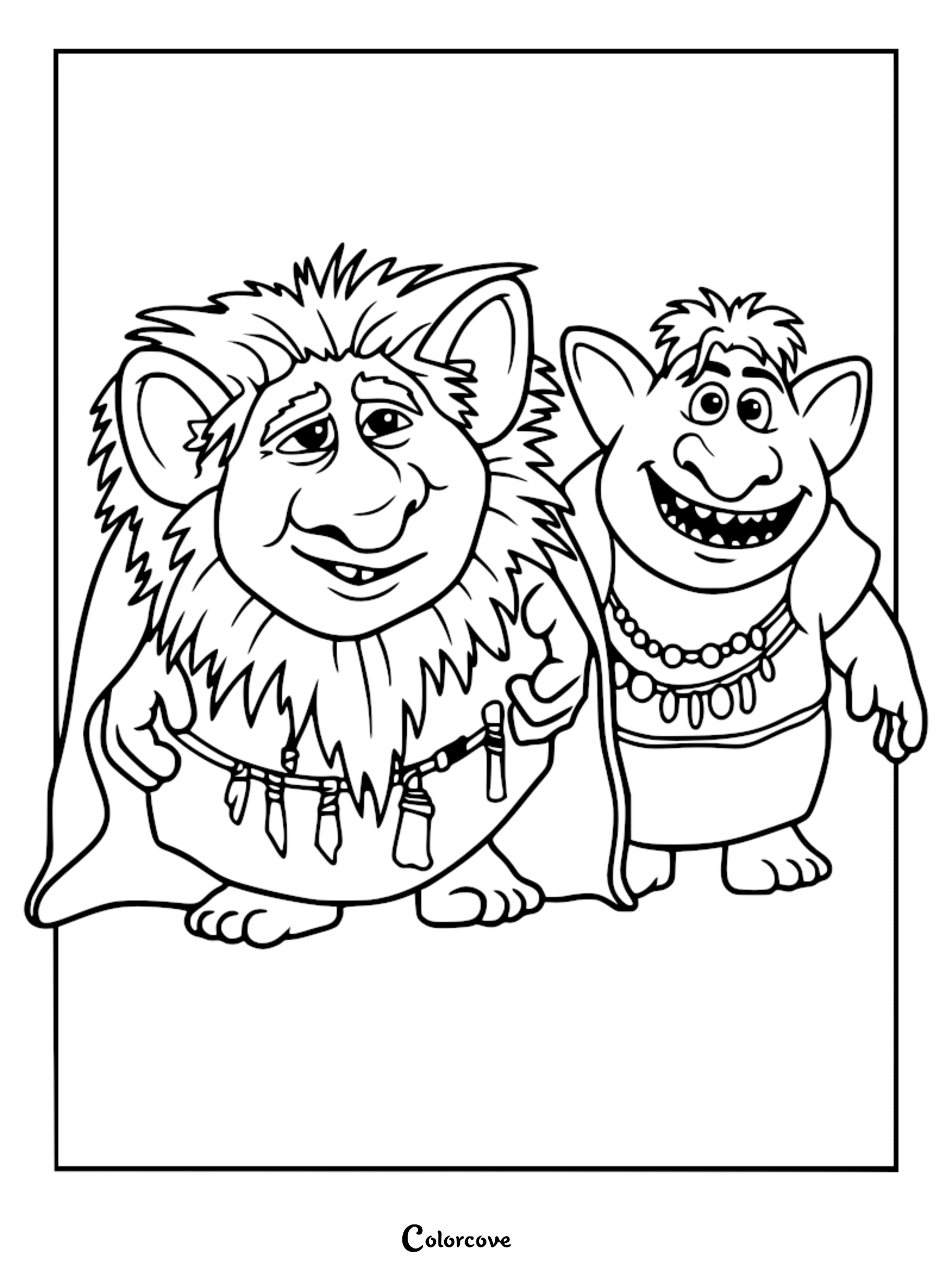 Two friendly Rock Trolls from Disney's Frozen standing side by side in this printable coloring page.
