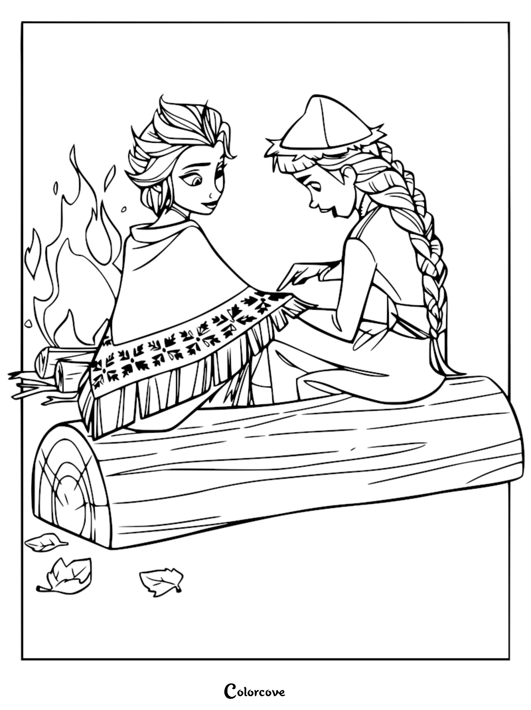 Elsa and Honeymaren from Frozen 2 sitting on a log by a campfire, printable coloring page.