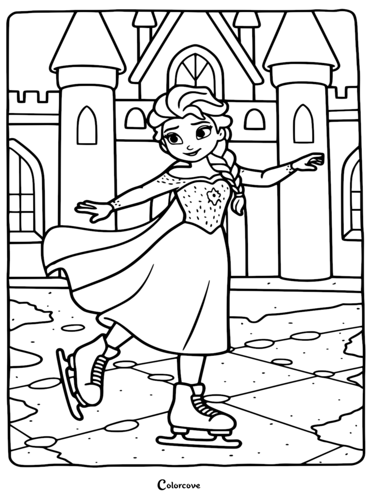 Elsa from Frozen ice skating in front of her ice castle, a detailed printable coloring page.