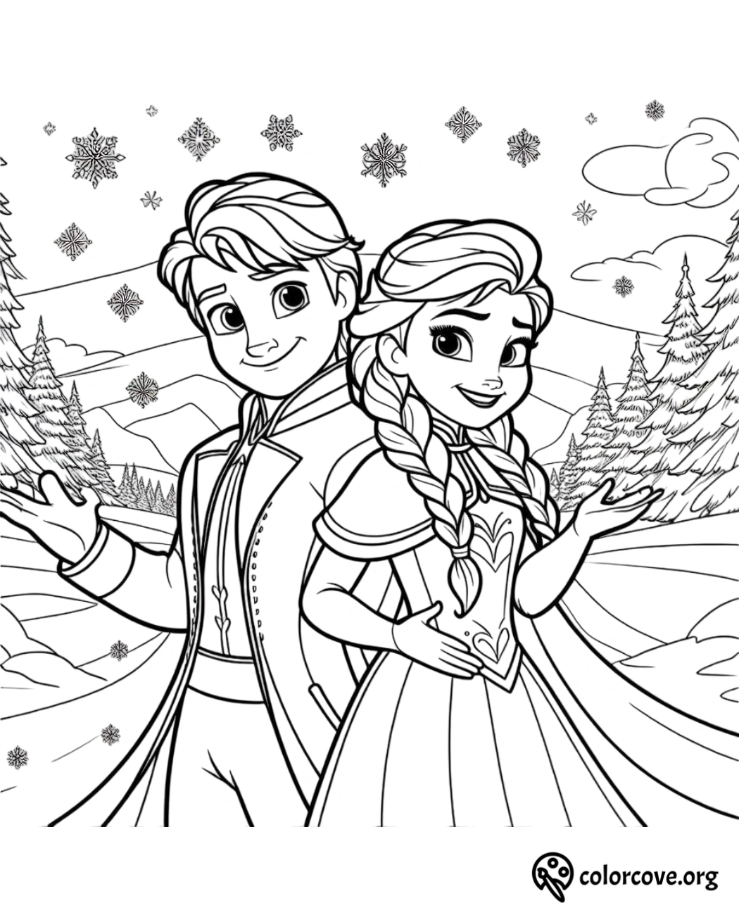 Coloring page of a prince and princess standing in a snowy landscape with trees and snowflakes, available at colorcove.org.