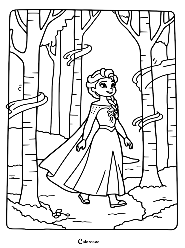 Elsa from Frozen walking through a forest with birch trees in this printable coloring page.