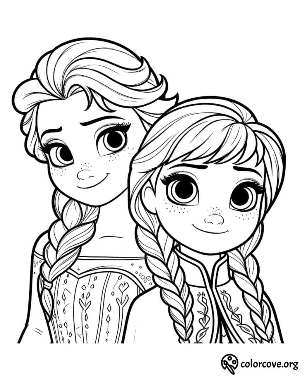 Disney princesses Elsa and Anna coloring page for kids, featuring intricate designs and braided hair from Frozen movie.