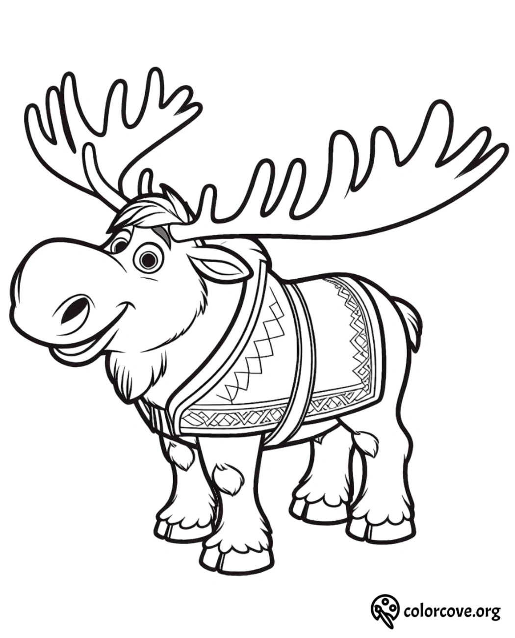 Coloring page featuring a cute moose wearing a decorative saddle blanket. Perfect for kids' coloring activities.