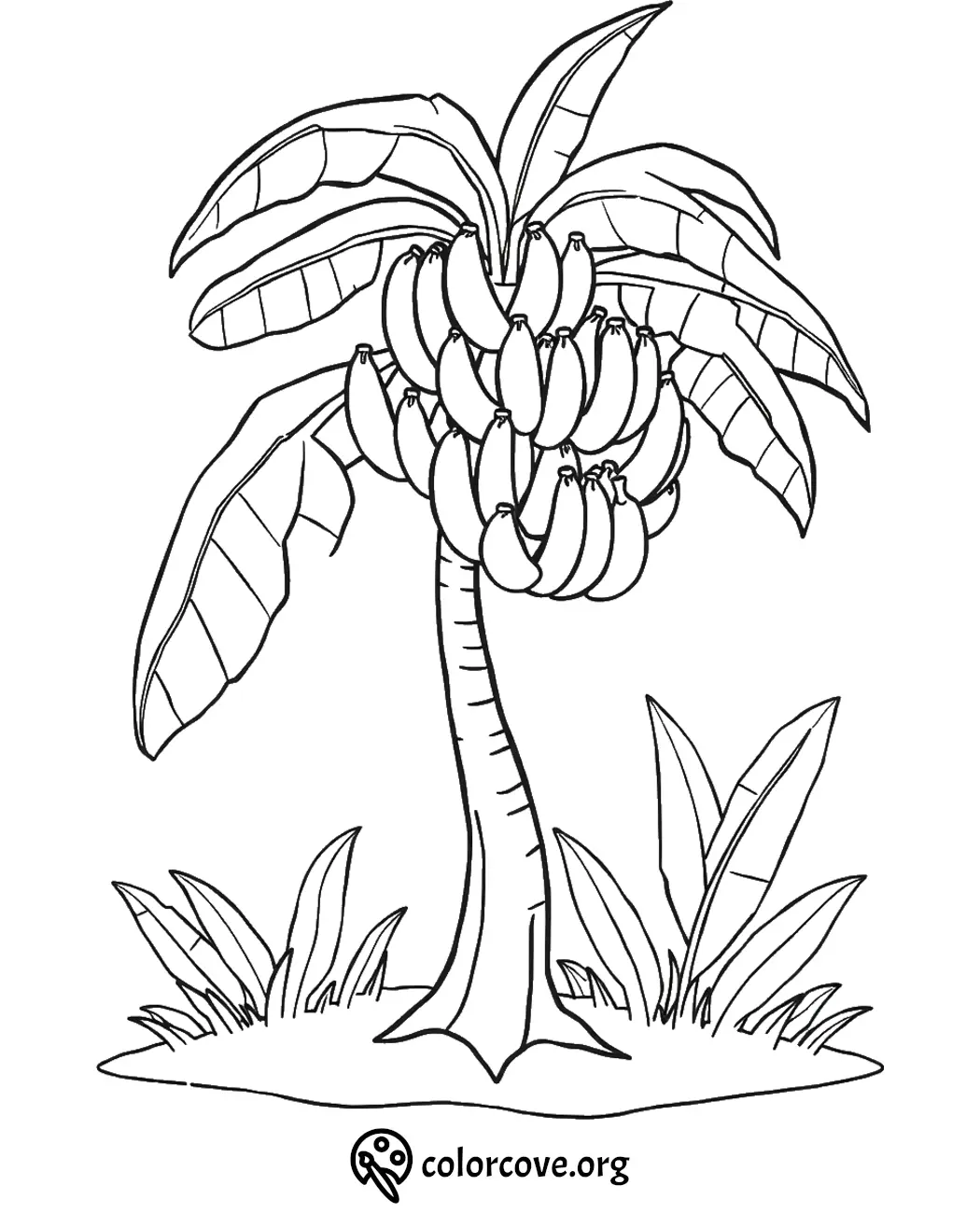 Coloring page of a banana tree with bunches of bananas and broad leaves, perfect for kids' fun and creativity.