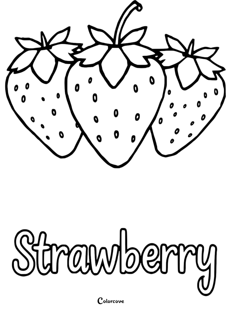 Three fresh strawberries with green leaves and seeds on a coloring page with the word Strawberry written below.