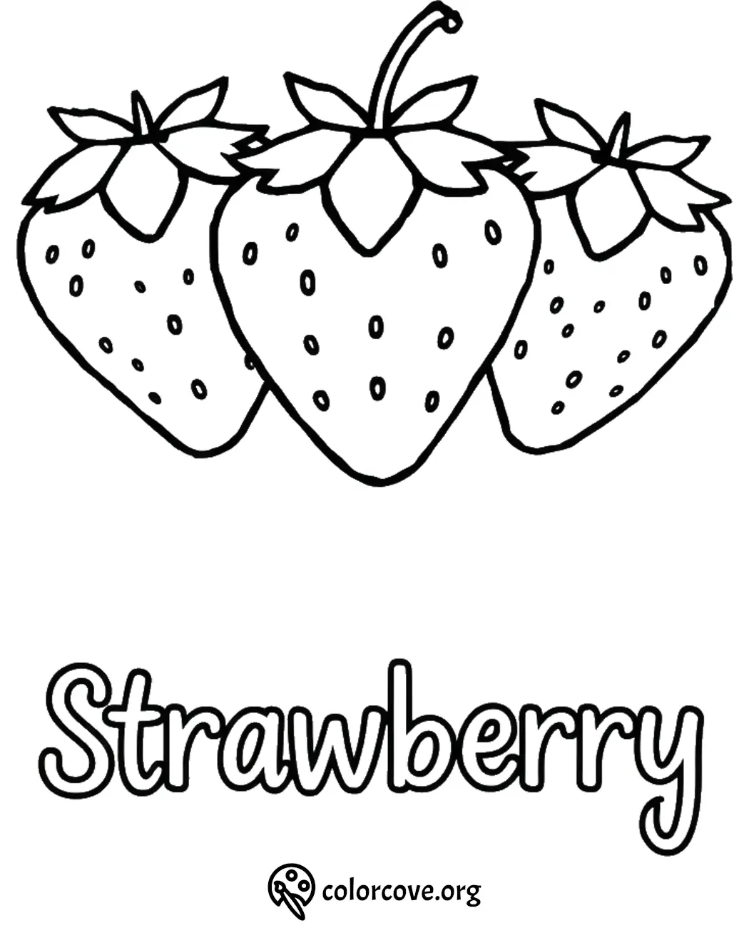 Coloring page with three outlined strawberries and the word Strawberry below. Ideal for kids' art activities.