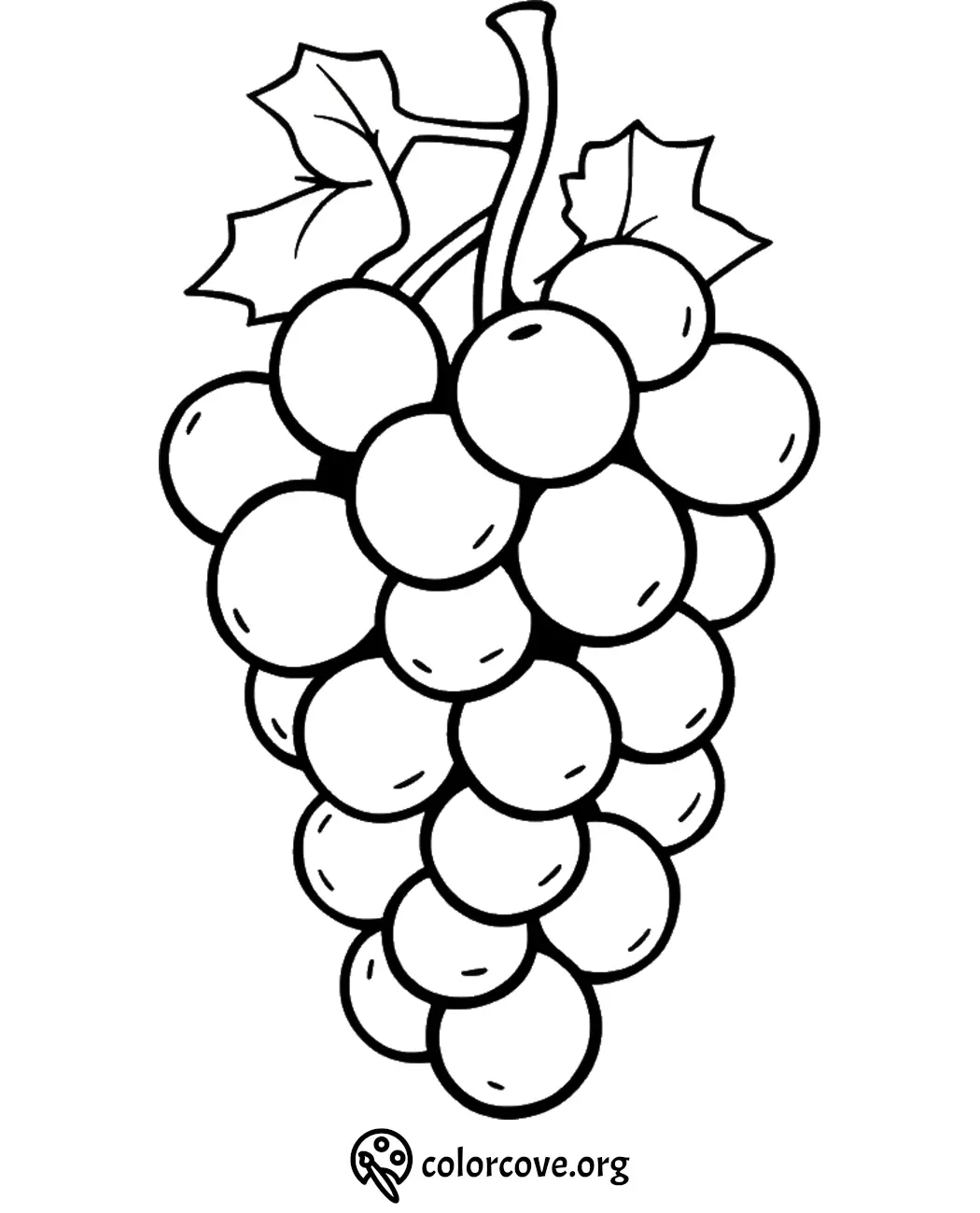 Coloring page of a grape bunch with leaves, ideal for kids' art activities and learning about fruits.