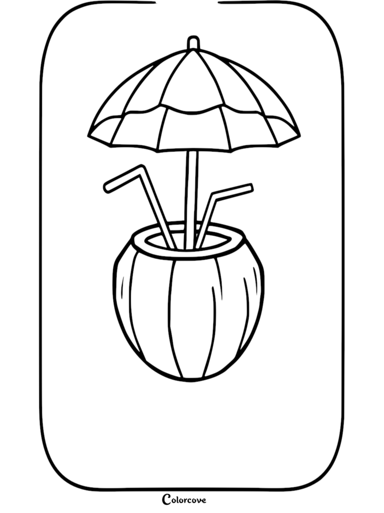 A simple line art coloring page of a coconut drink with two straws and a small paper umbrella.