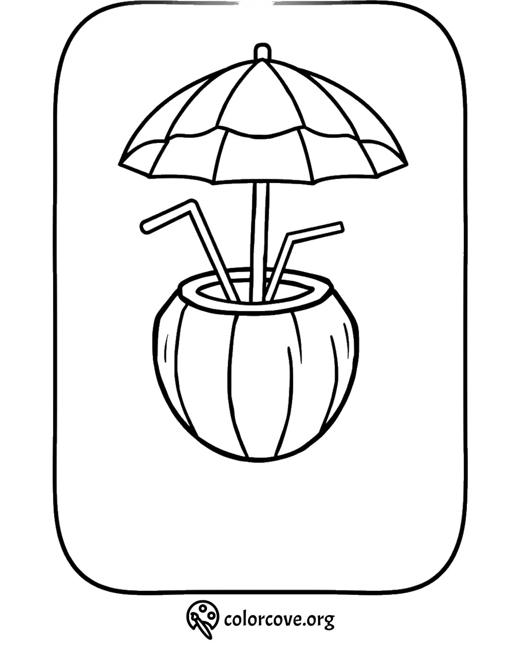 Coloring page of a coconut drink with straws and a beach umbrella, perfect for a tropical themed activity.