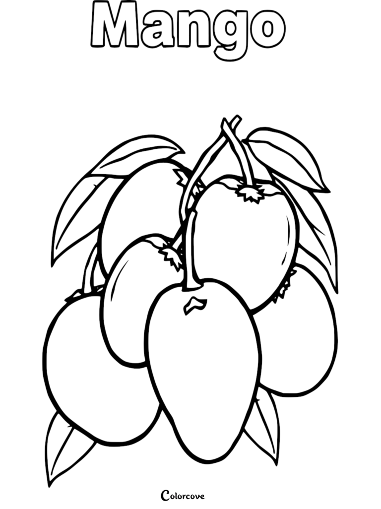 A cluster of fresh mangoes with leaves on a branch in this printable fruit coloring page.