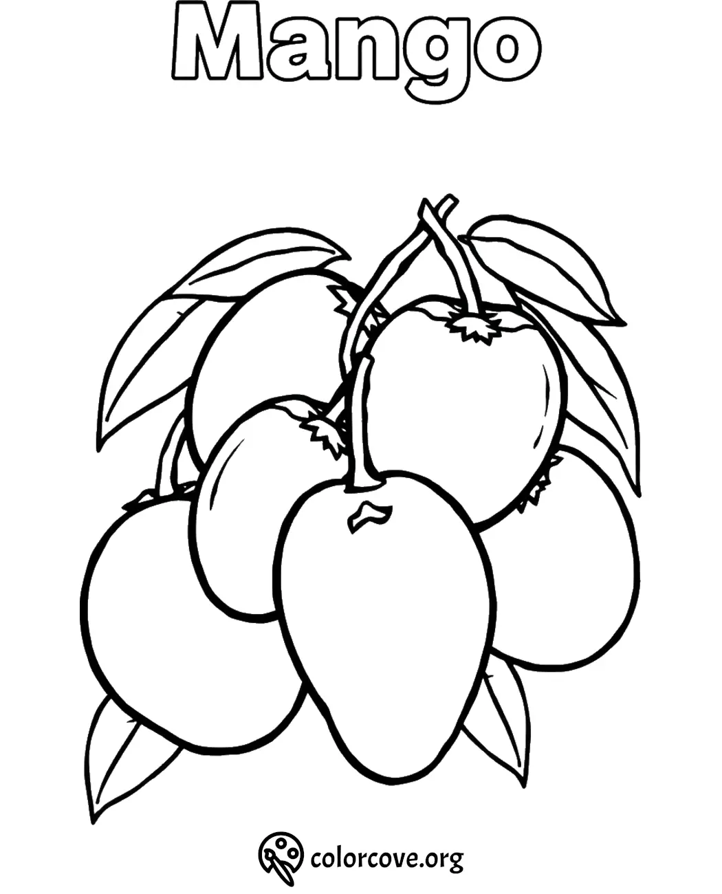 Mango coloring page with outlined fruit and leaves for kids and adults to print and color for fun and learning.