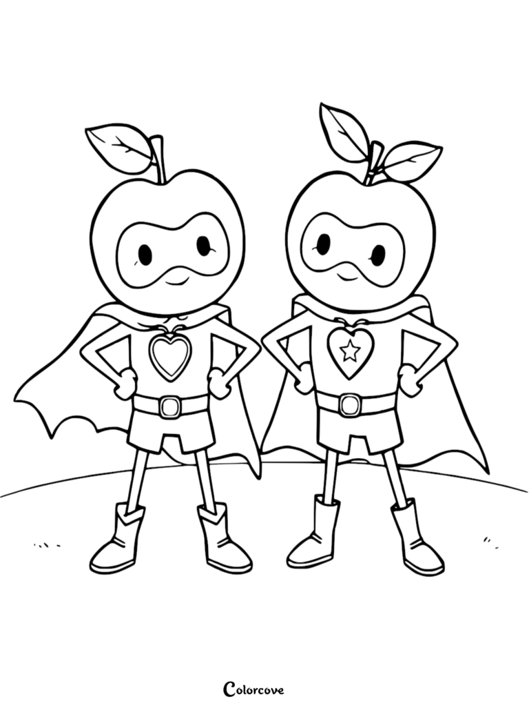 Two cute superhero apples wearing masks, capes, and boots standing side by side in this free printable fruit coloring page.